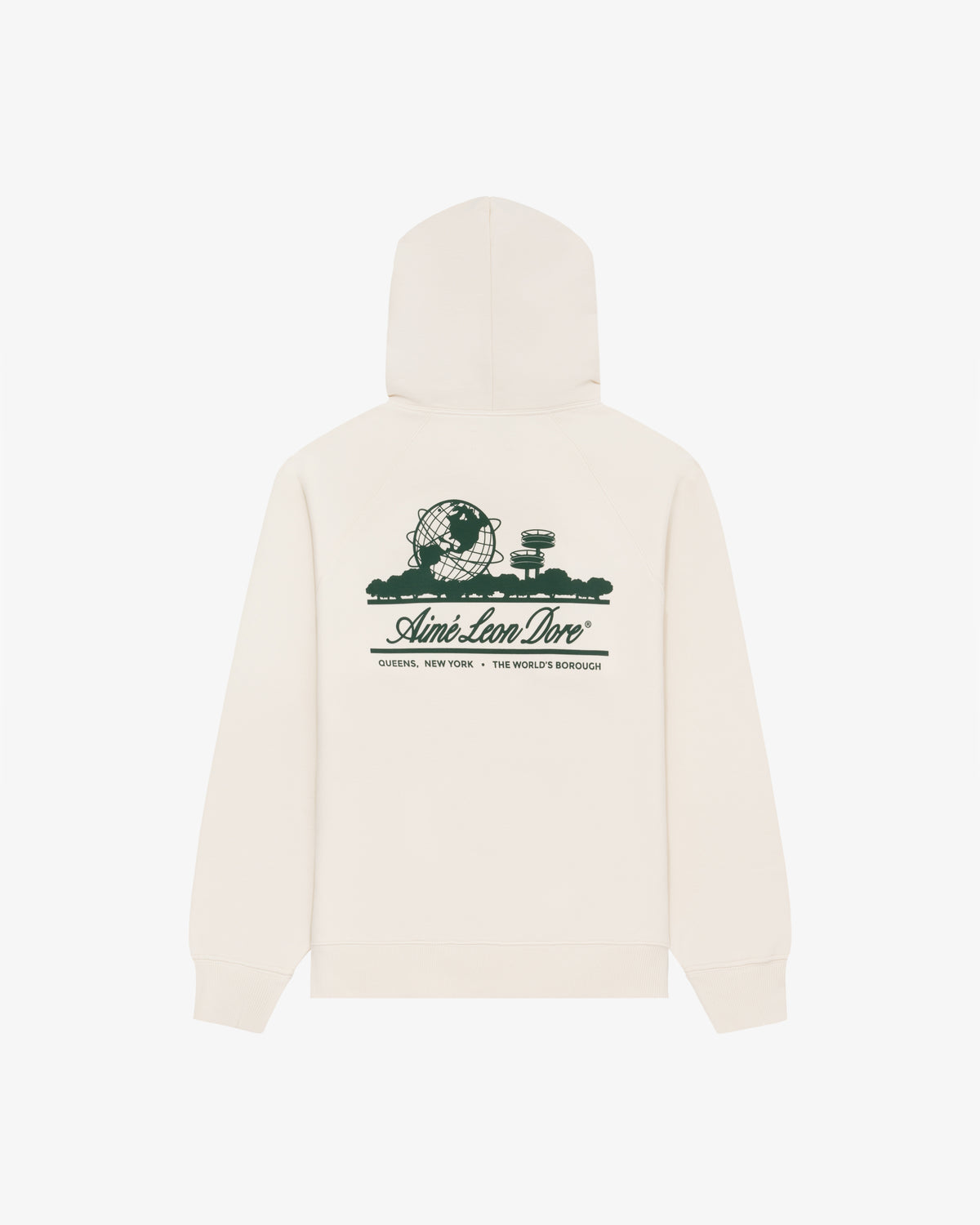 Unisphere Hoodie in beige with green graphic of Unisphere, trees, and Aimé Leon Dore Queens New York text.