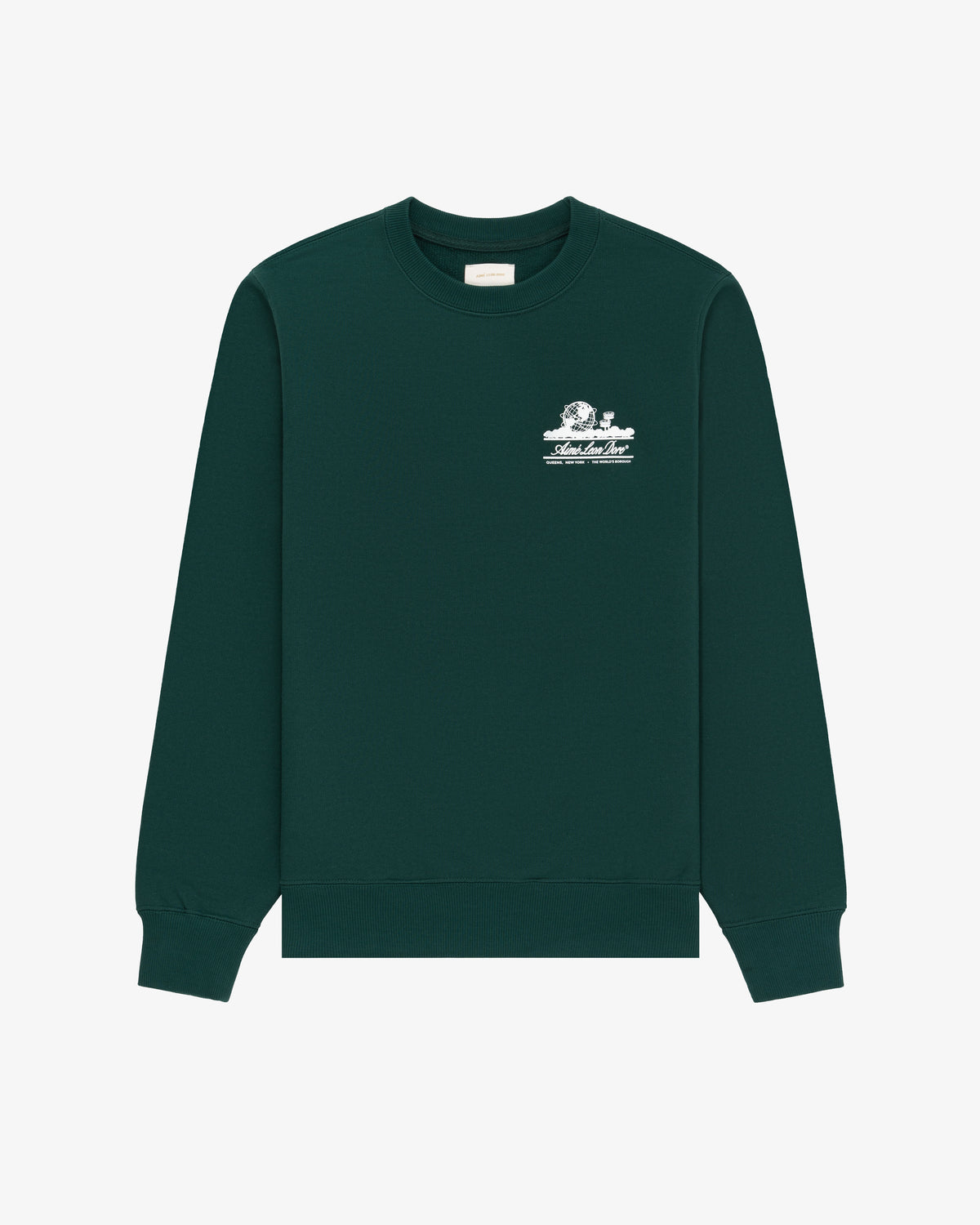 Unisphere Crewneck Sweatshirt in dark green with a small white chest graphic, shown on a white background.