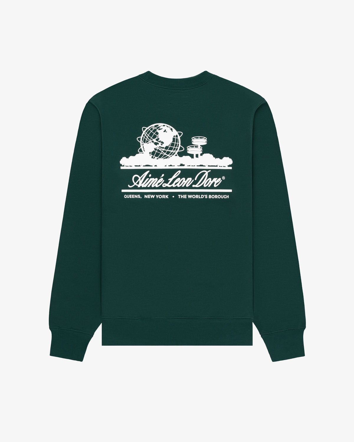 Unisphere Crewneck Sweatshirt in dark green with white globe and observatory graphic, “Aimé Leon Dore Queens, New York.”.