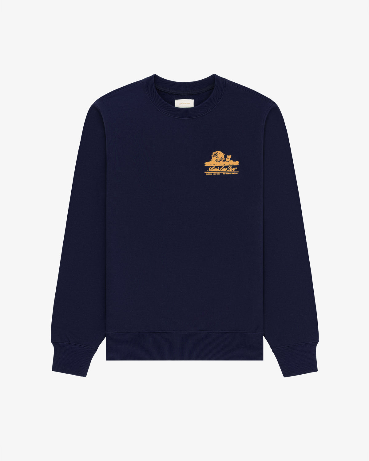 Unisphere Crewneck Sweatshirt in navy blue with a small yellow graphic and text on the upper left chest.