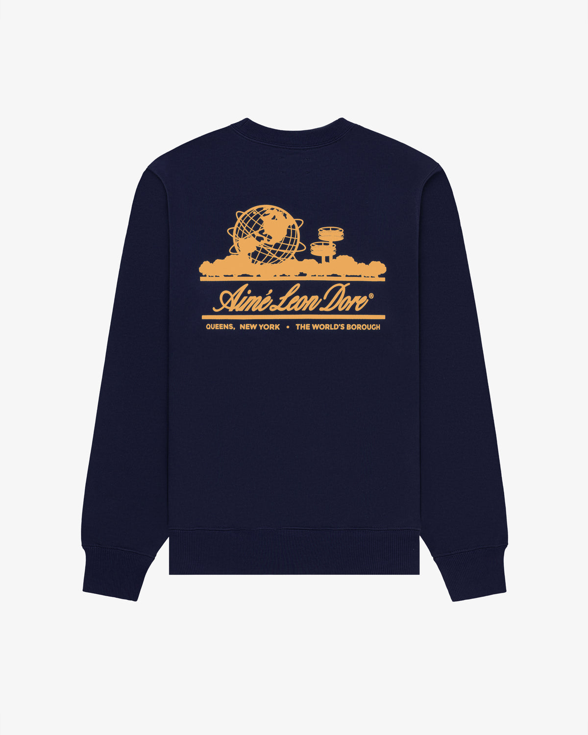 Unisphere Crewneck Sweatshirt in navy with yellow globe, NYC landmarks, and Aimé Leon Dore text on the back.