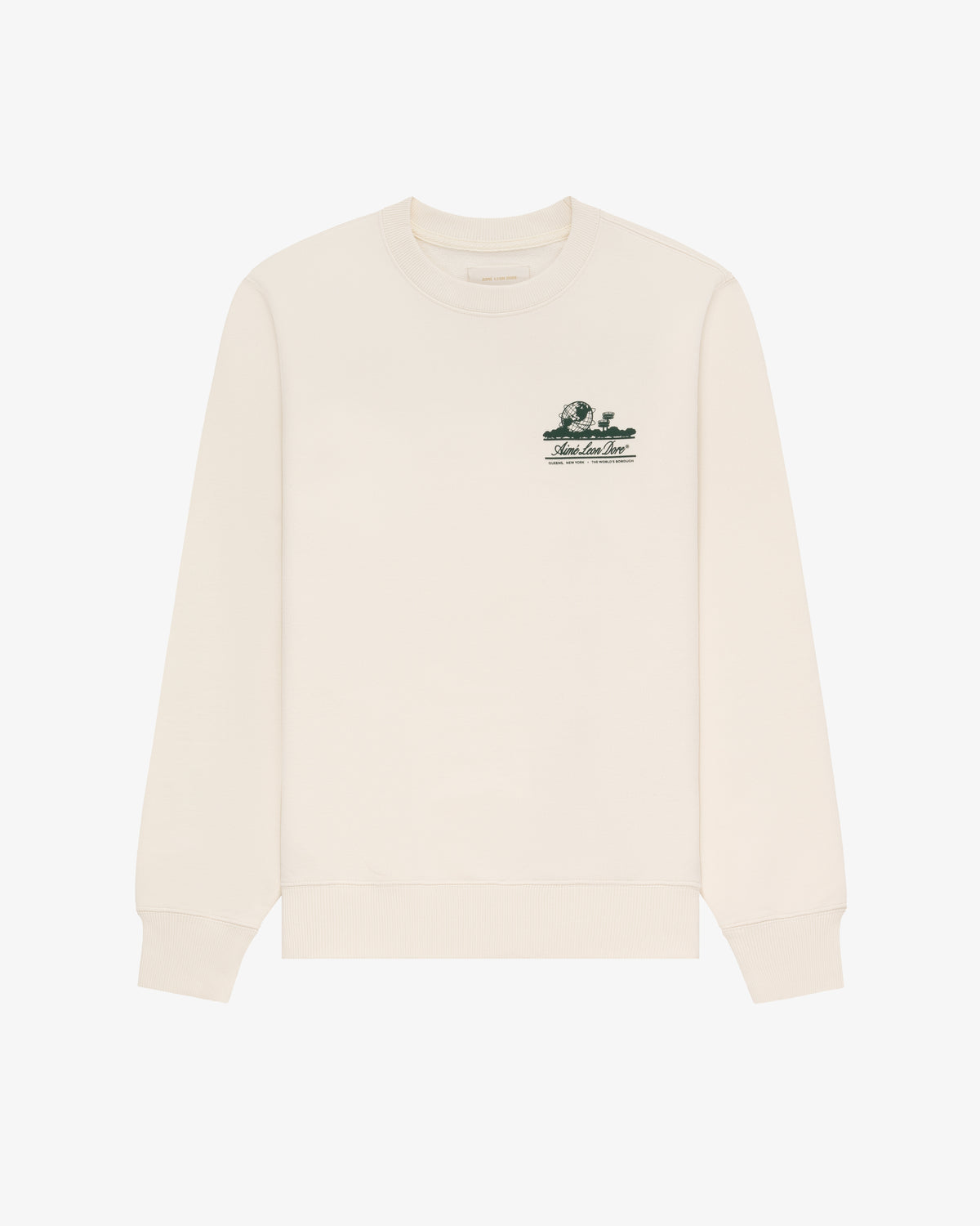 Cream-colored Unisphere Crewneck Sweatshirt with a small dark green graphic and text on the left chest.