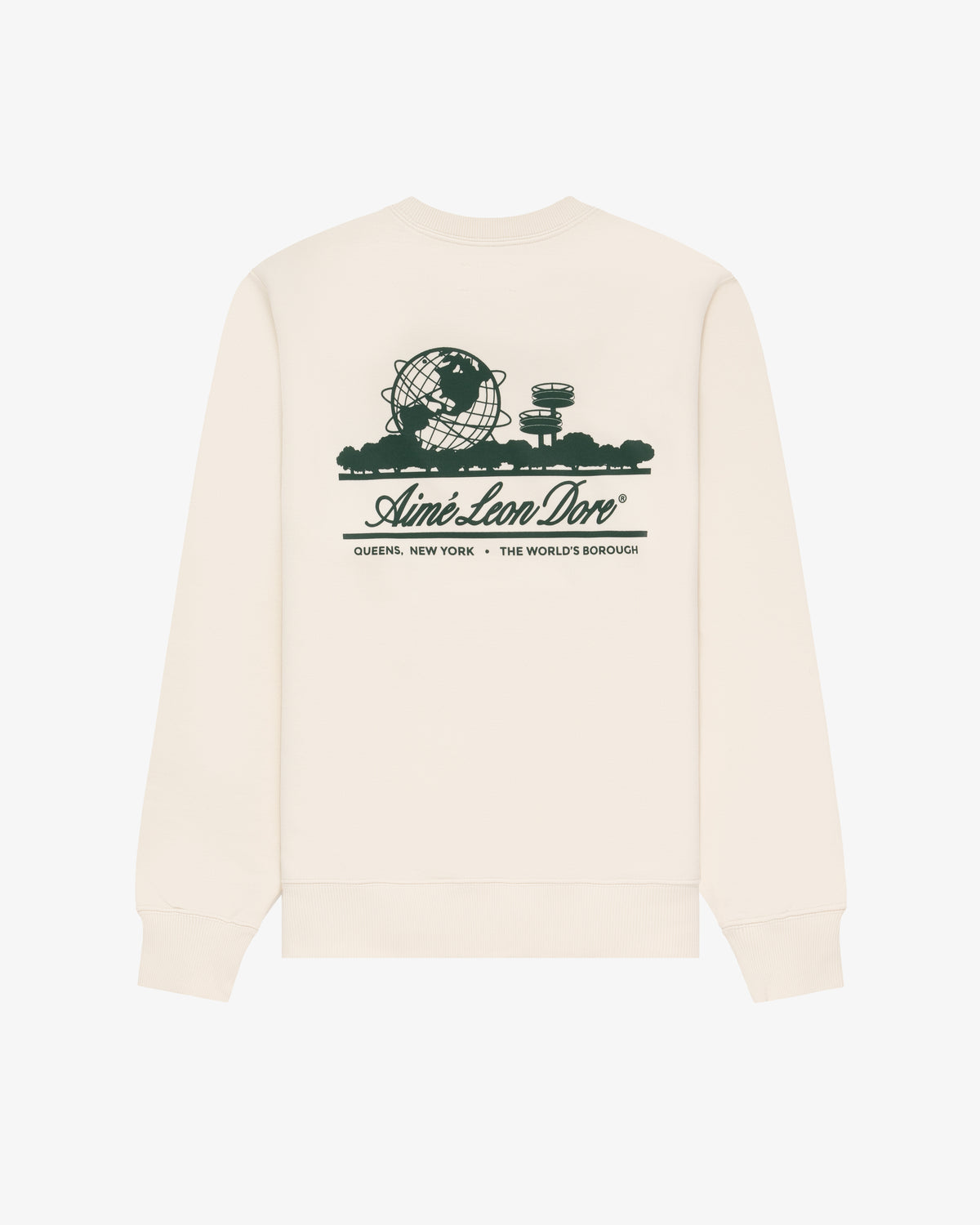 Unisphere Crewneck Sweatshirt in cream with green Unisphere & Queens skyline graphic; Aimé Leon Dore text on back.