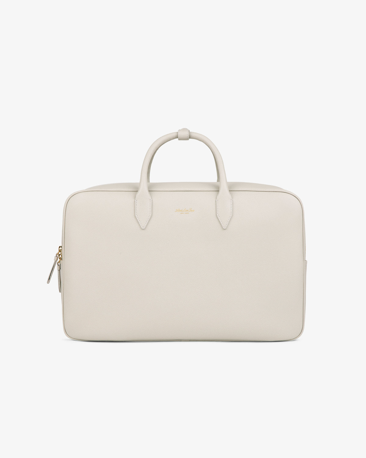 A minimalist Full Grain Leather Briefcase Duffle in light beige with two handles and a gold zipper against a white background.