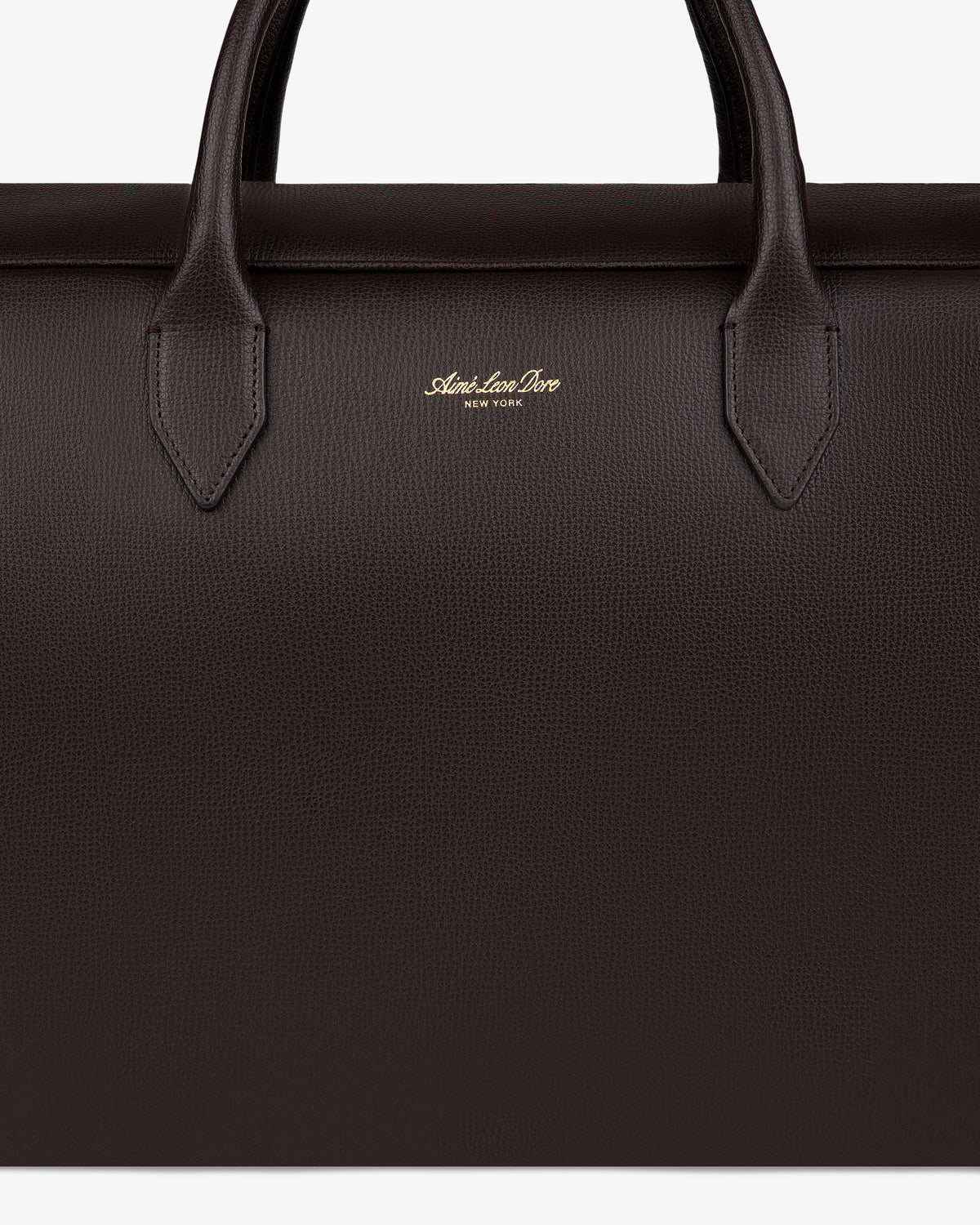 Close-up of a dark brown Full Grain Leather Briefcase Duffle with two handles and gold Alexander Drew New York logo.