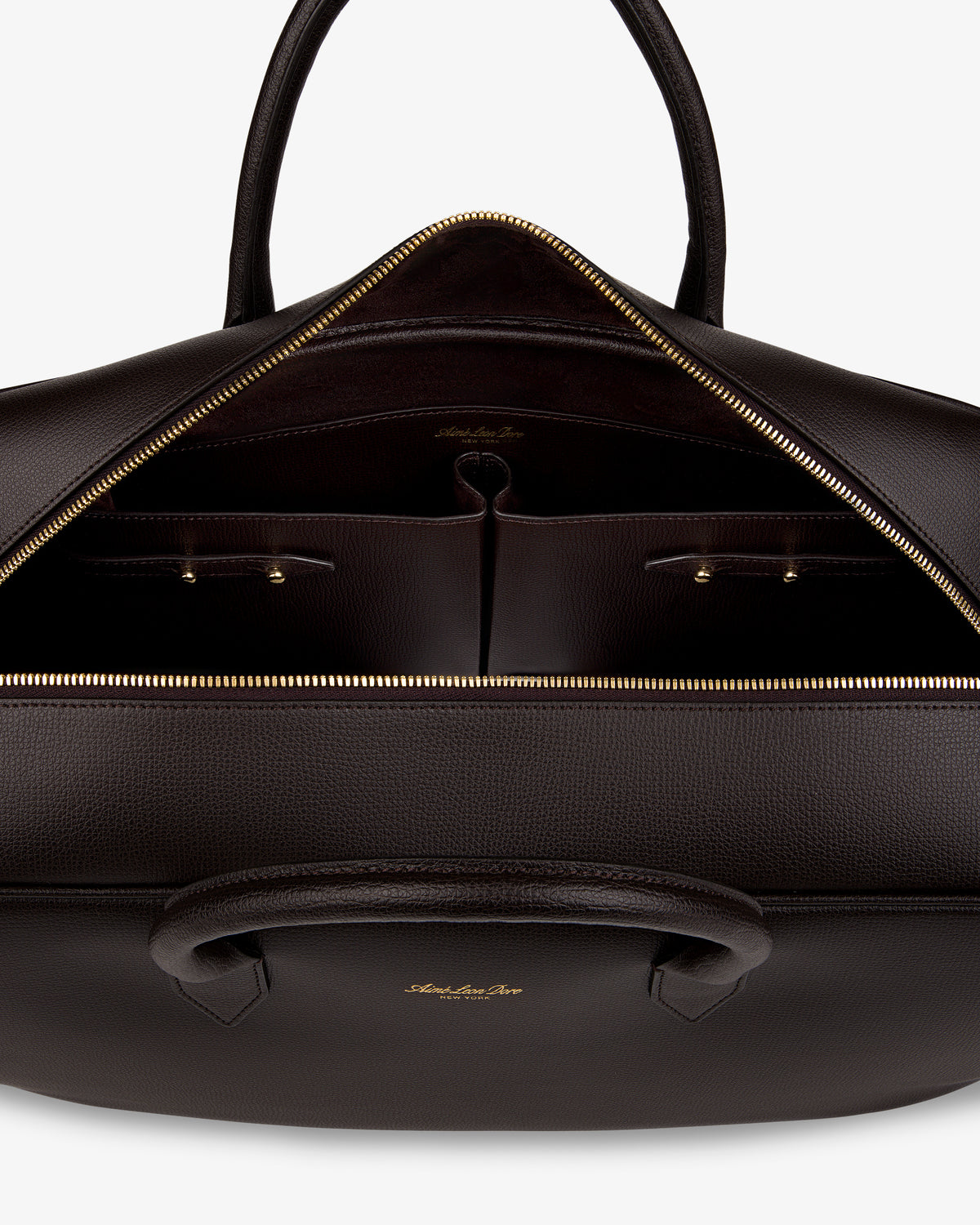 Open Full Grain Leather Briefcase Duffle in dark brown with gold zipper, revealing compartments and handles.