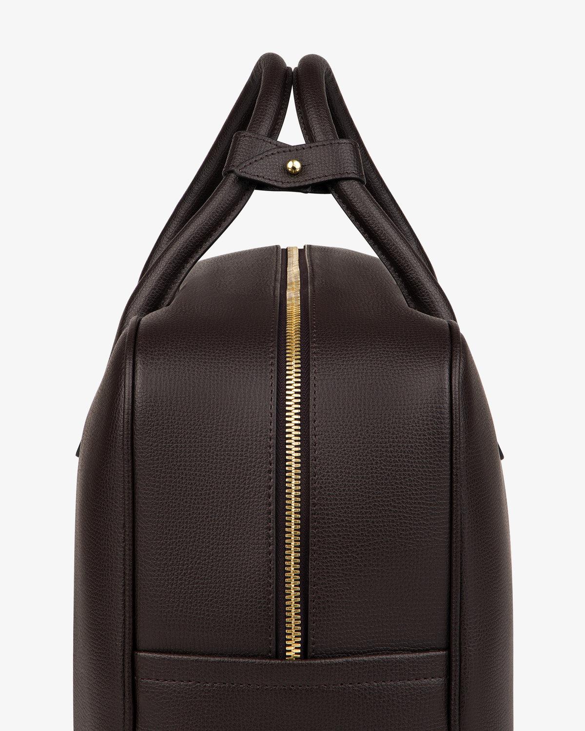 Full Grain Leather Briefcase Duffle in dark brown leather with dual handles and gold zipper, side view on white background.