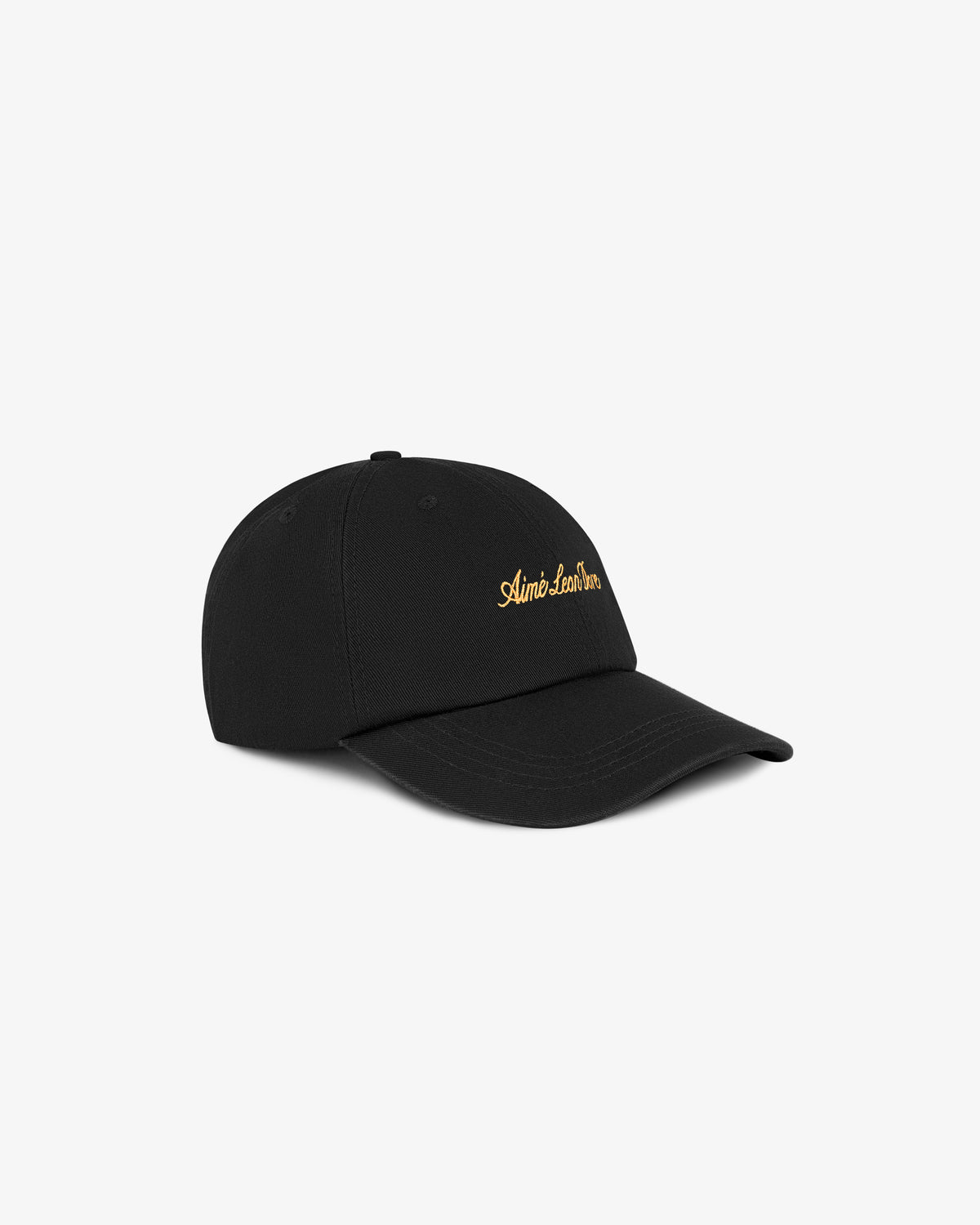 Washed Script Hat in black with gold embroidered script, shown on a plain white background.