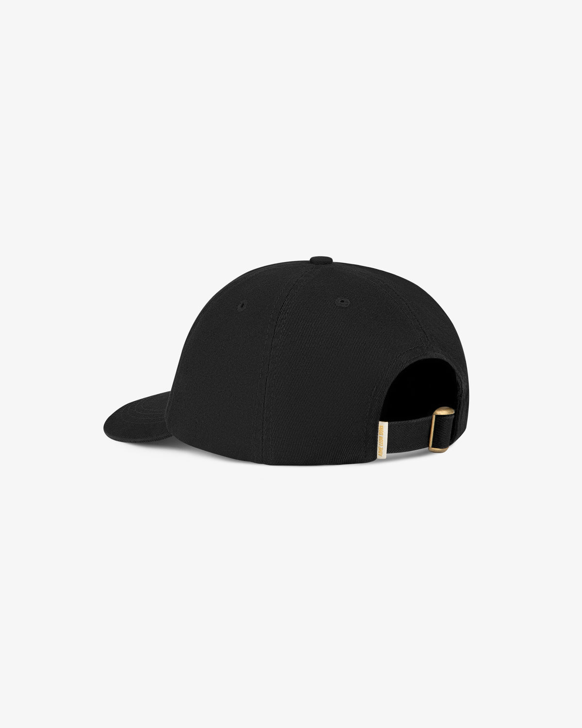 The Washed Script Hat is a black baseball cap with an adjustable strap and gold buckle, shown from the back.