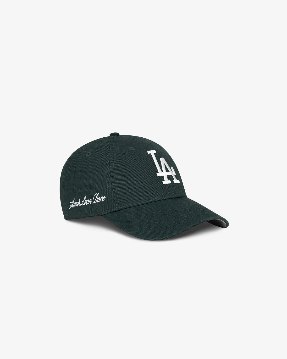 Dark green ALD / New Era Dodgers Ballpark Hat with white LA logo and Slain-Lion-Done text on the front left.