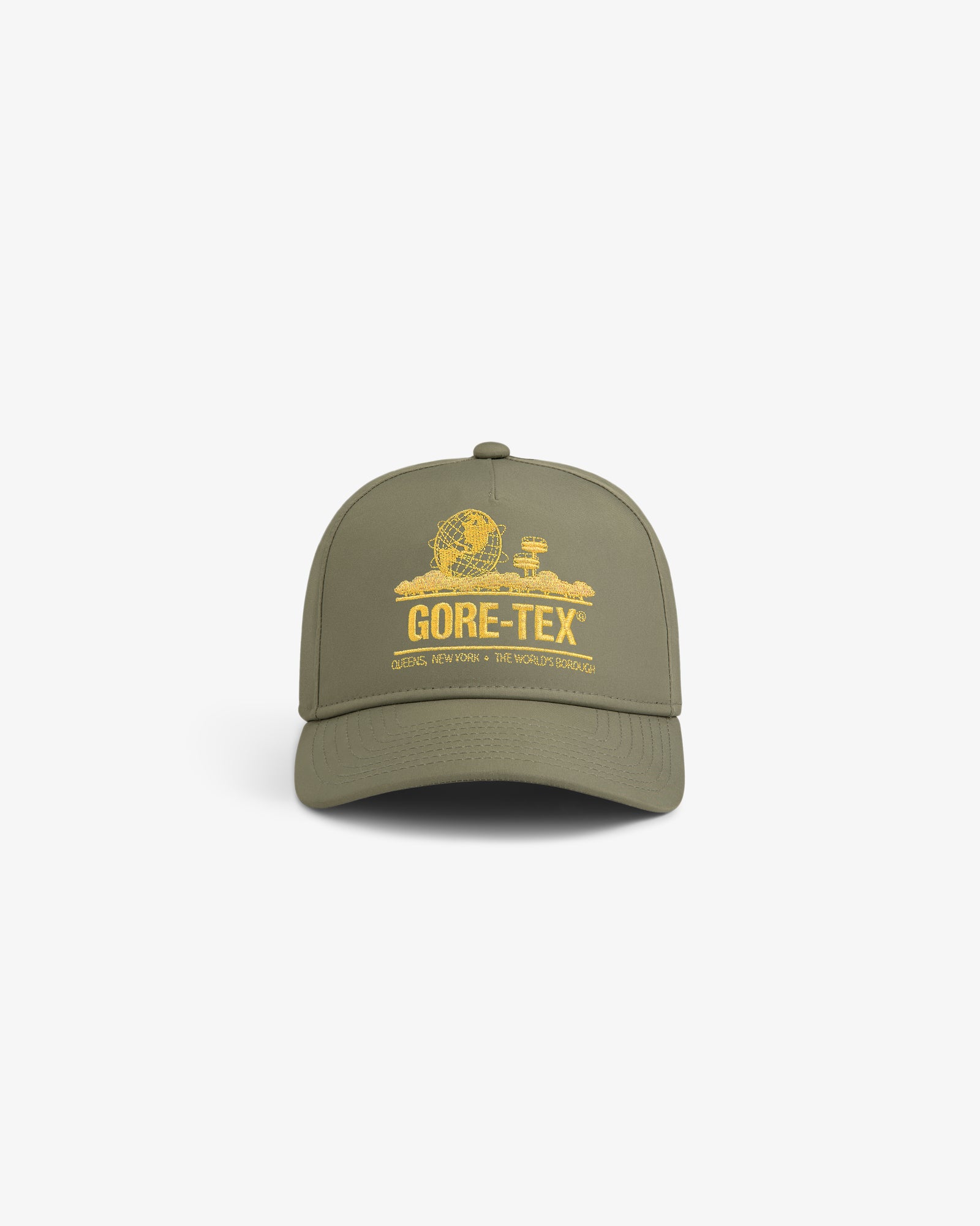 Olive green GORE-TEX Unisphere Hat with yellow graphic and text on front, shown on a white background.