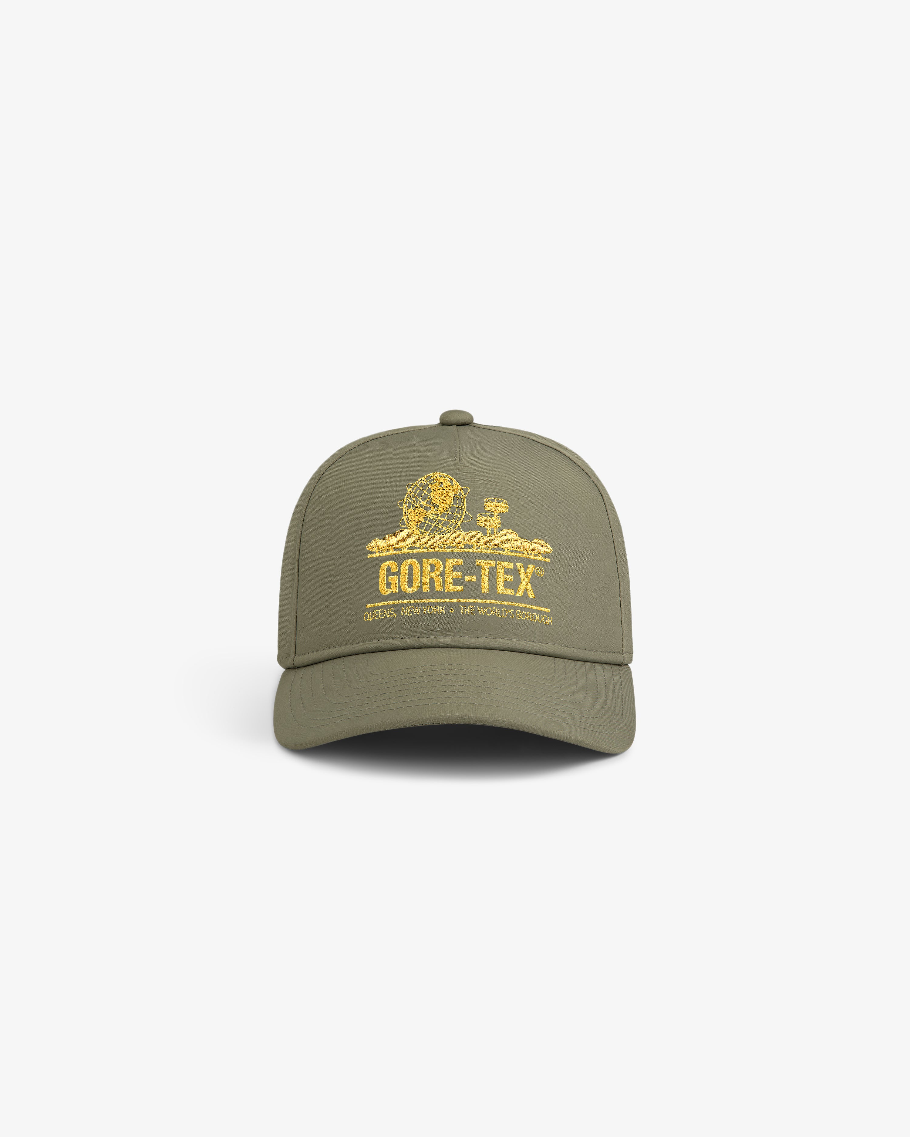 Olive green GORE-TEX Unisphere Hat with yellow graphic and text on front, shown on a white background.