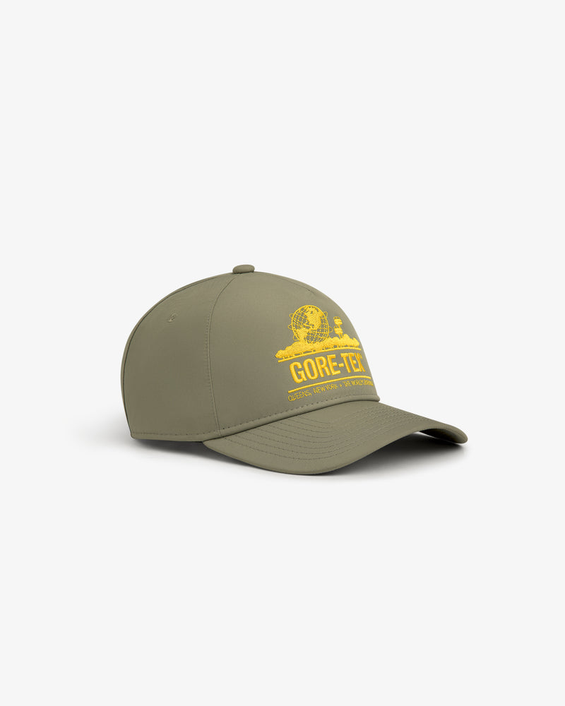 GORE-TEX Unisphere Hat in olive green with yellow logo and front graphic, shown on a white background.