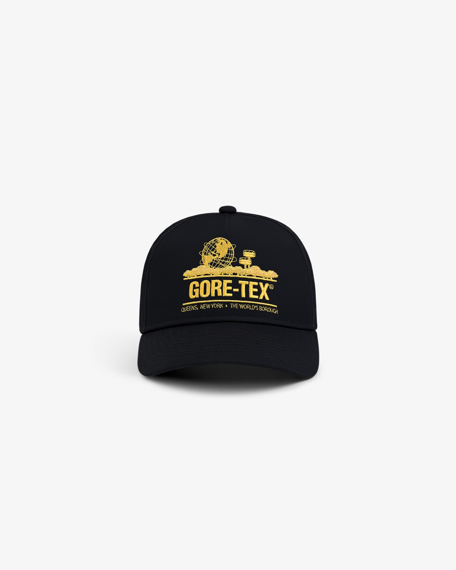 GORE-TEX Unisphere Hat: Black cap with a yellow globe graphic and "GORE-TEX Queens, New York - The World's Borough" text.