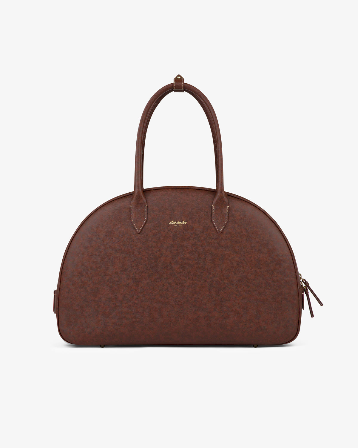 Full Grain Leather Crescent Shoulder Bag with dual handles, gold logo, and zip closure on a white background.