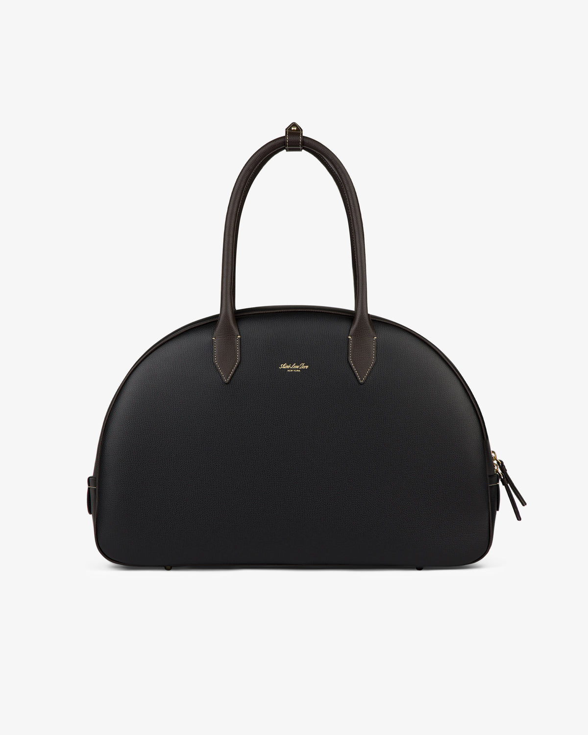 Full Grain Leather Crescent Shoulder Bag with gold logo, long dark handles, and rounded top on a white background.