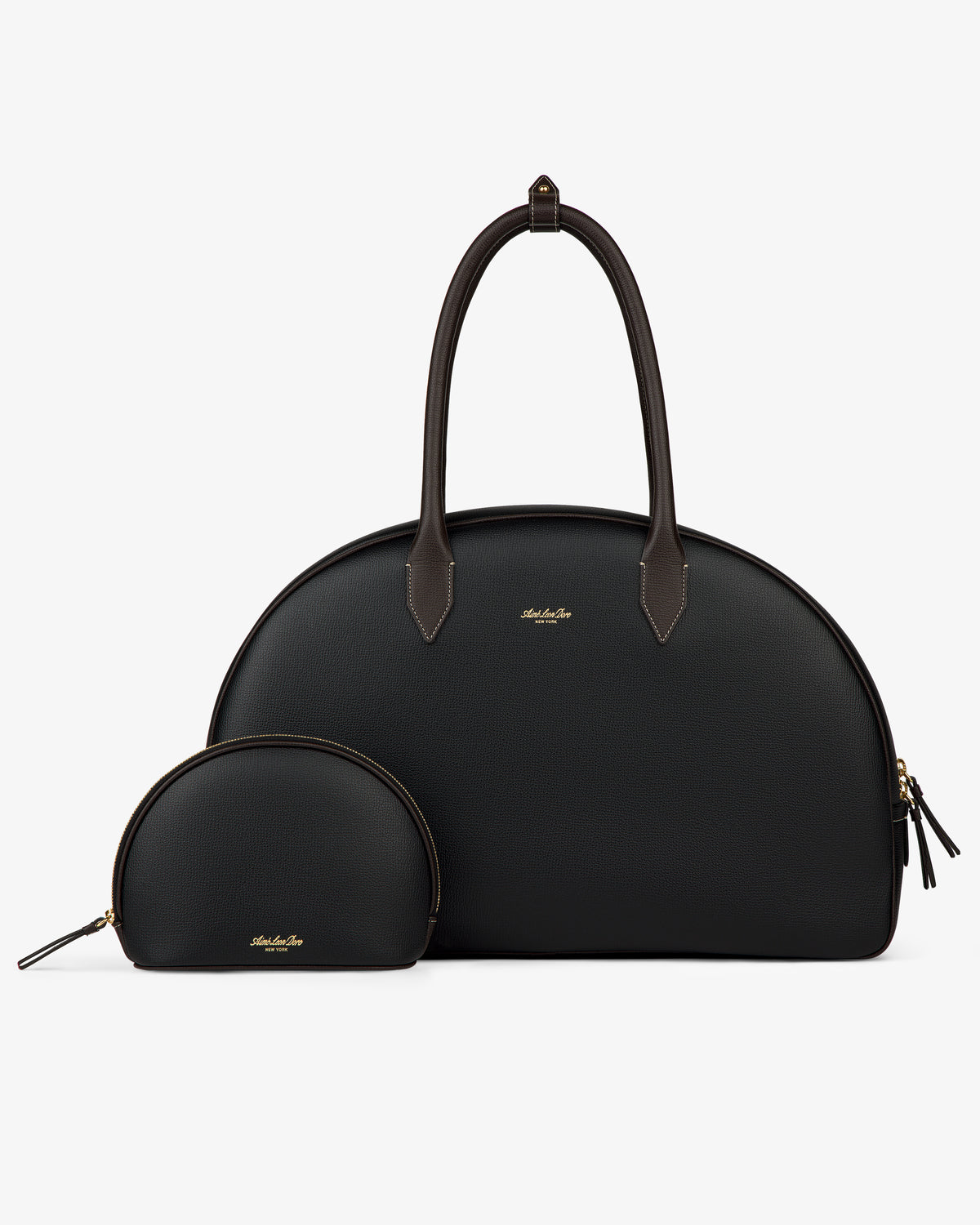 Two Full Grain Leather Crescent Shoulder Bags, large and small, black with brown handles and gold zippers on white.
