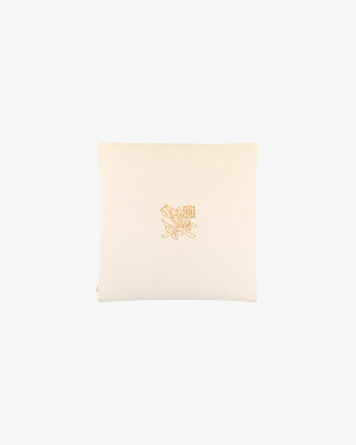 Queens Crest Throw Pillow: cream-colored with central gold floral embroidery, shown on a plain background.