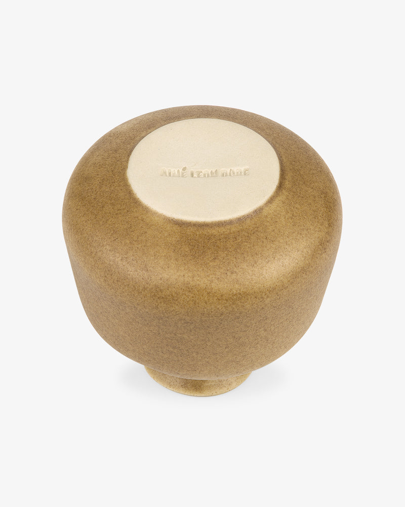 Queens Crest Artisanal Bud Vase: round brown ceramic with a lighter base, stamped "AIME CERAMIQUE.