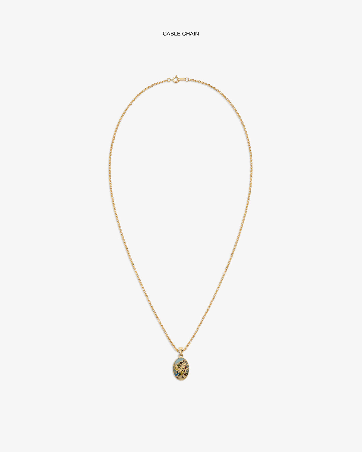 14Kt Gold Molina Pendant: gold cable chain with oval blue and gold floral design, shown on white background.