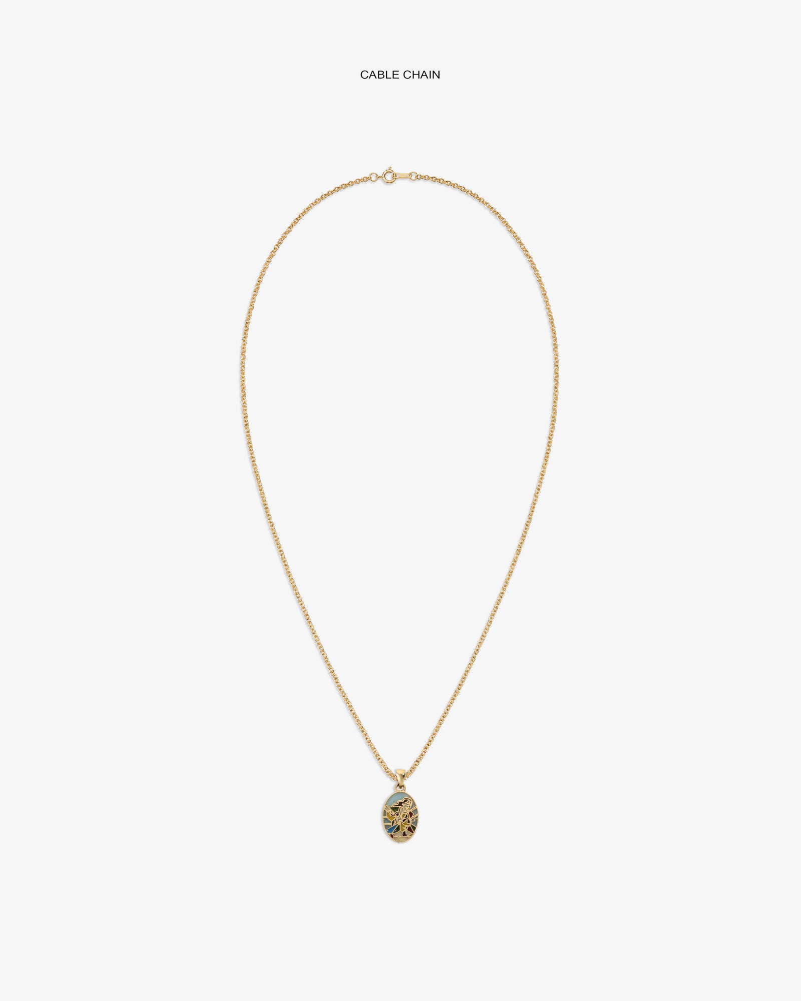14Kt Gold Molina Pendant: gold cable chain with oval blue and gold floral design, shown on white background.