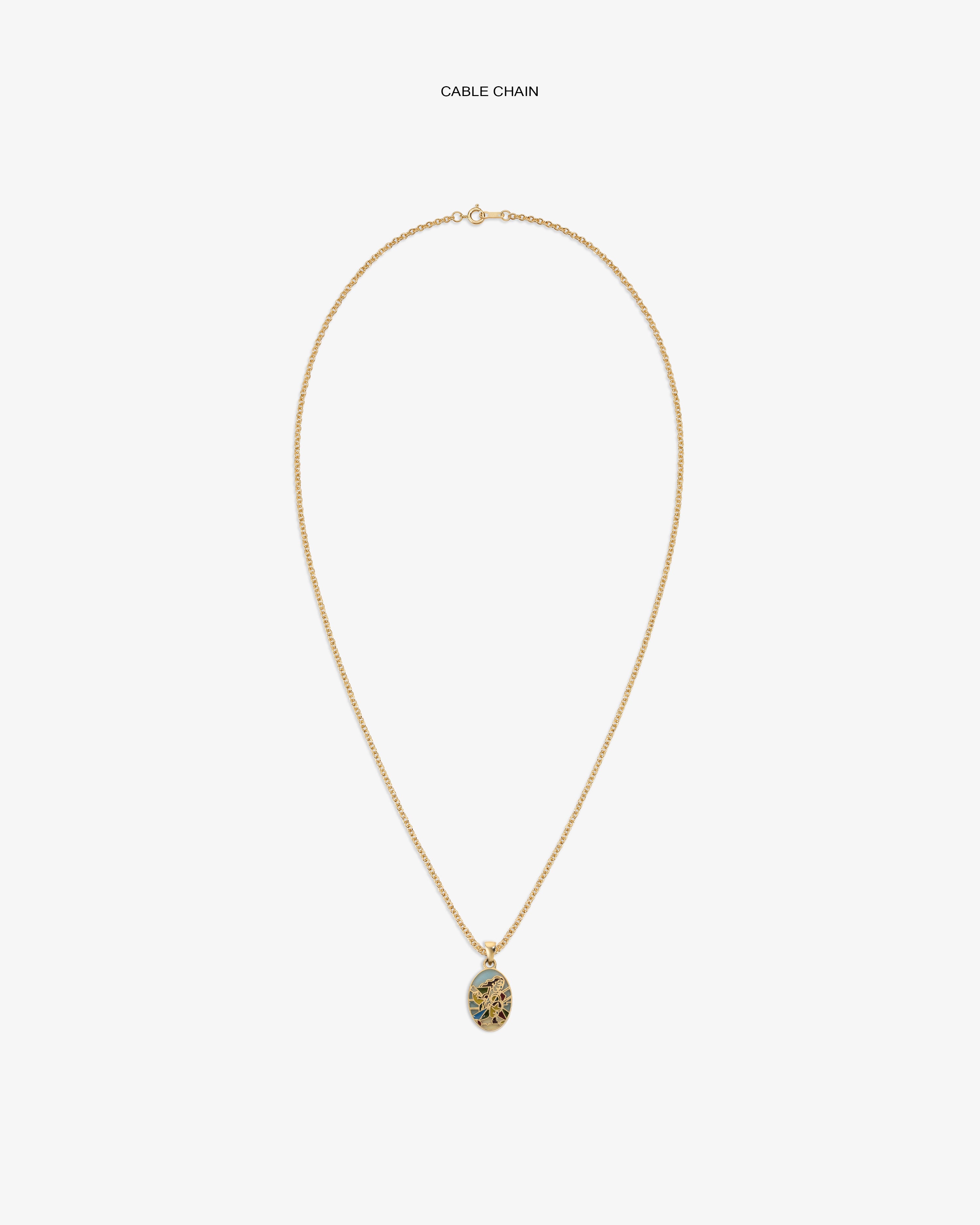 14Kt Gold Molina Pendant: gold cable chain with oval blue and gold floral design, shown on white background.