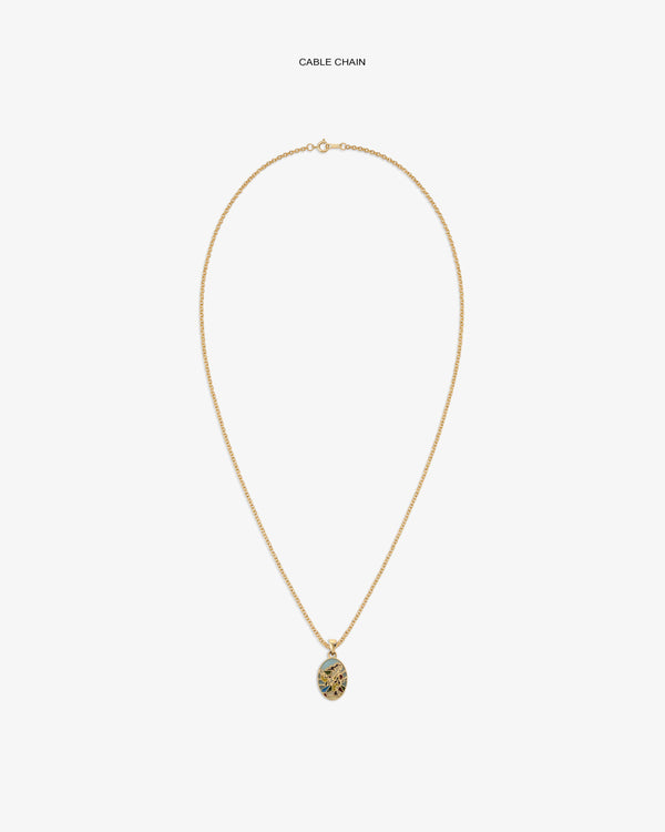 14Kt Gold Molina Pendant: gold cable chain with oval blue and gold floral design, shown on white background.