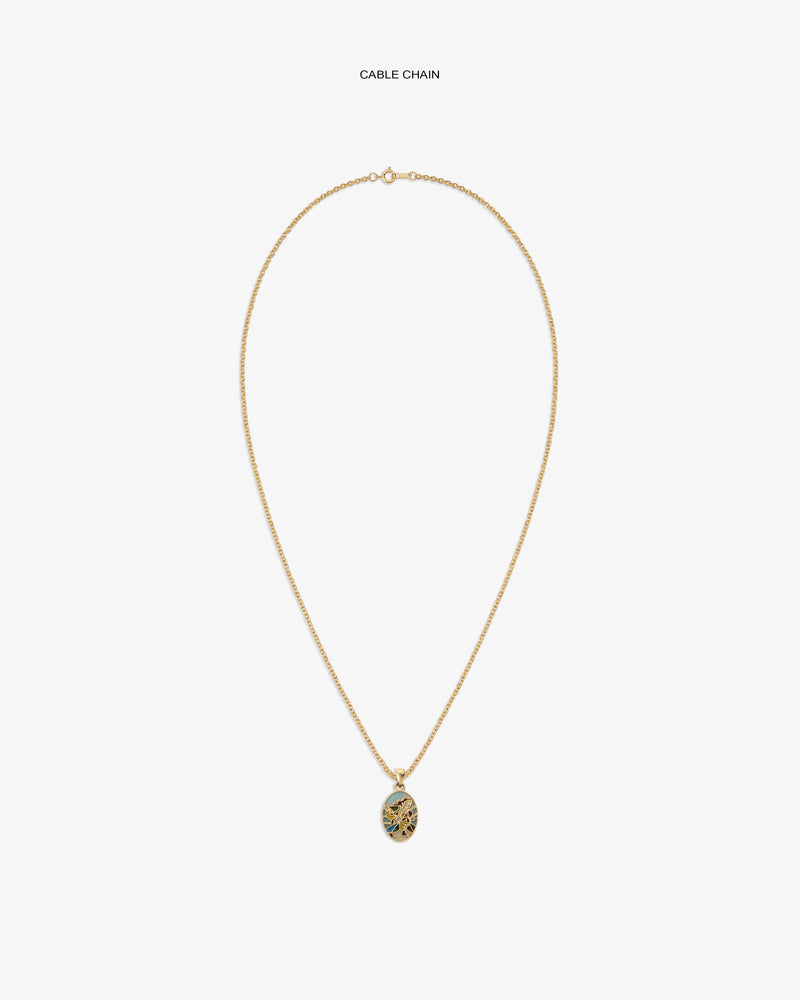 14Kt Gold Molina Pendant: gold cable chain with oval blue and gold floral design, shown on white background.