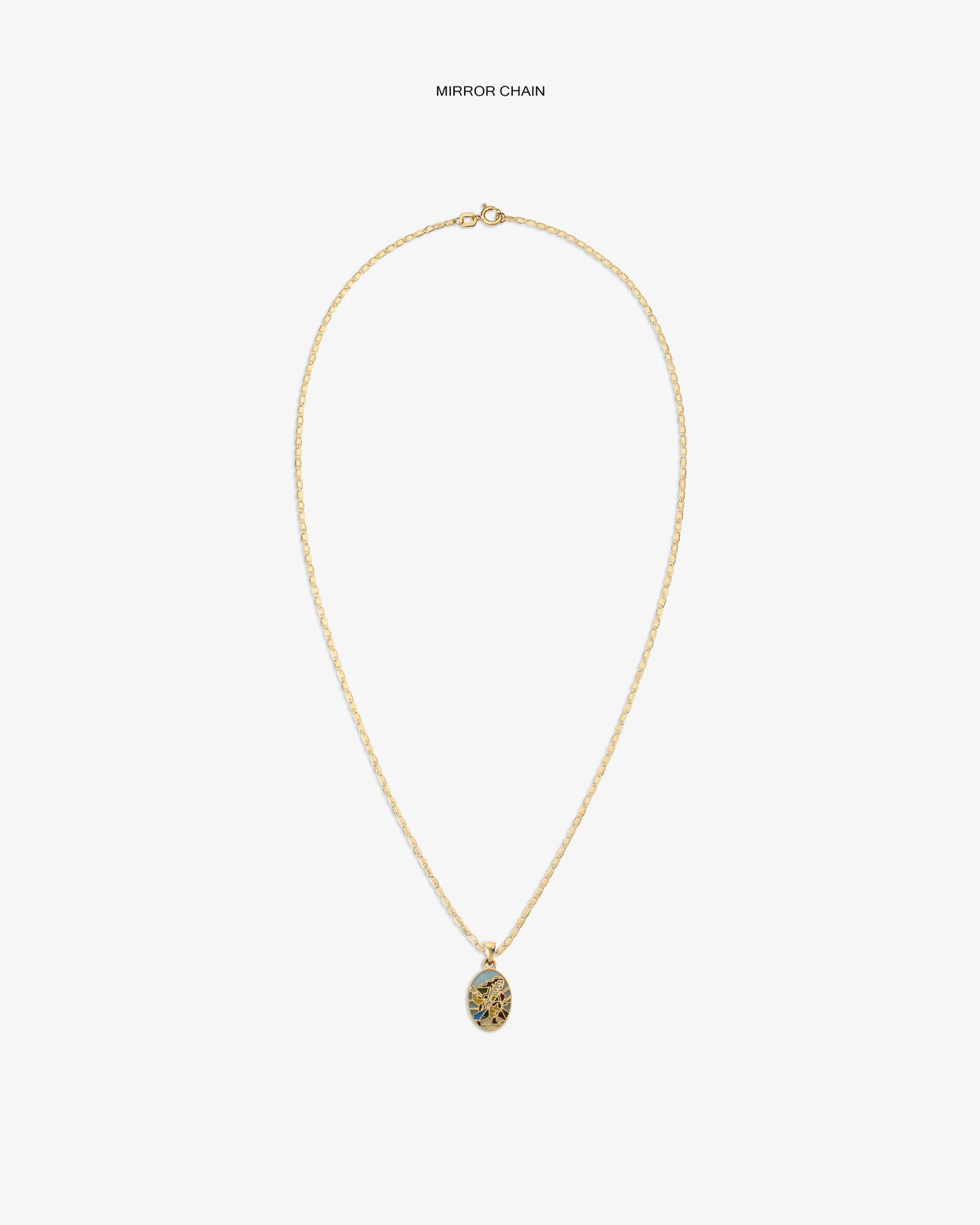 14Kt Gold Molina Pendant: oval design with intricate dark detail on white, hung on a gold chain necklace.