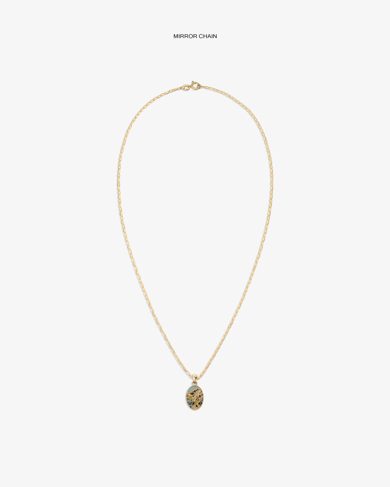14Kt Gold Molina Pendant: oval design with intricate dark detail on white, hung on a gold chain necklace.