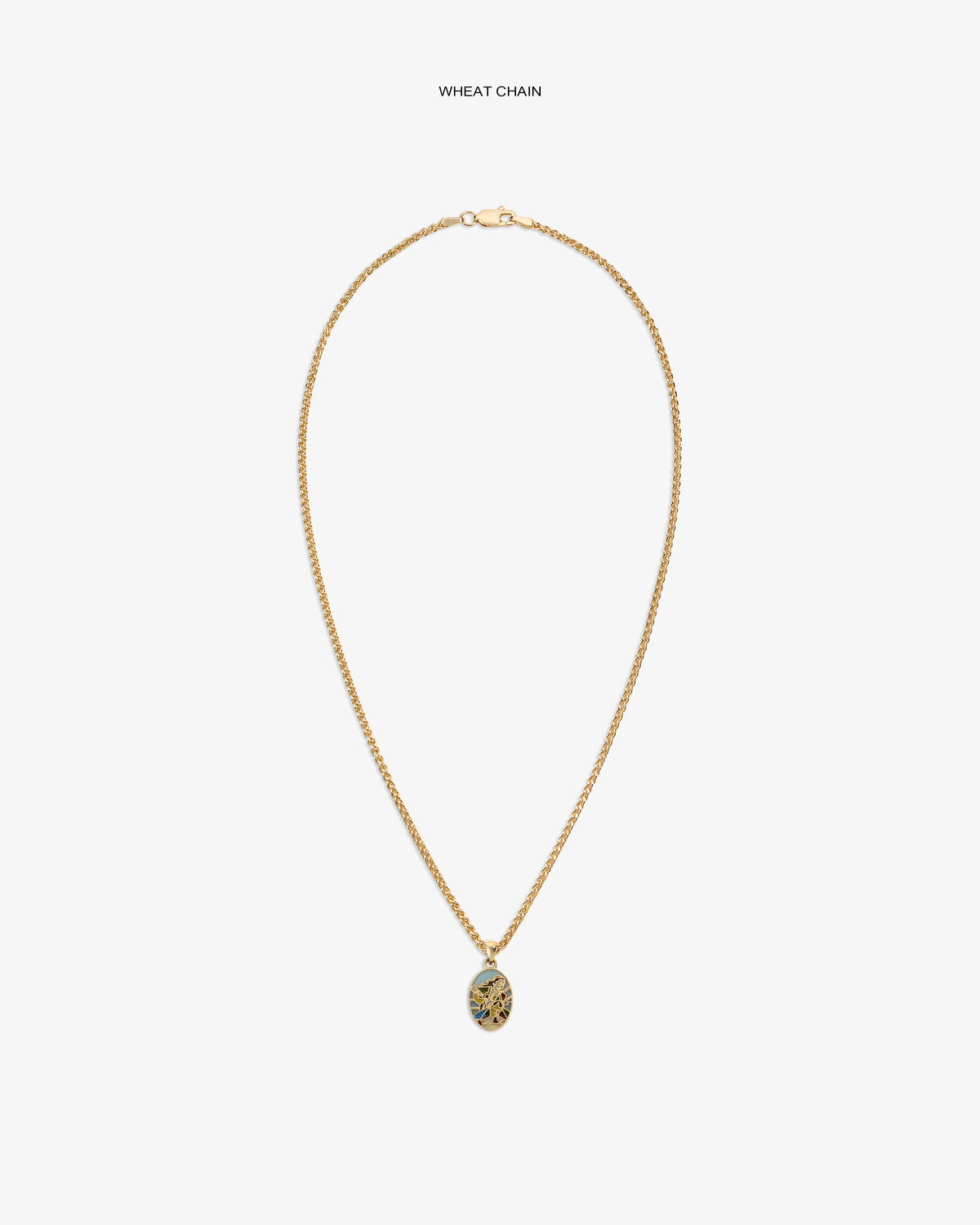 14Kt Gold Molina Pendant on a wheat chain, featuring an oval floral design, displayed on a white background.