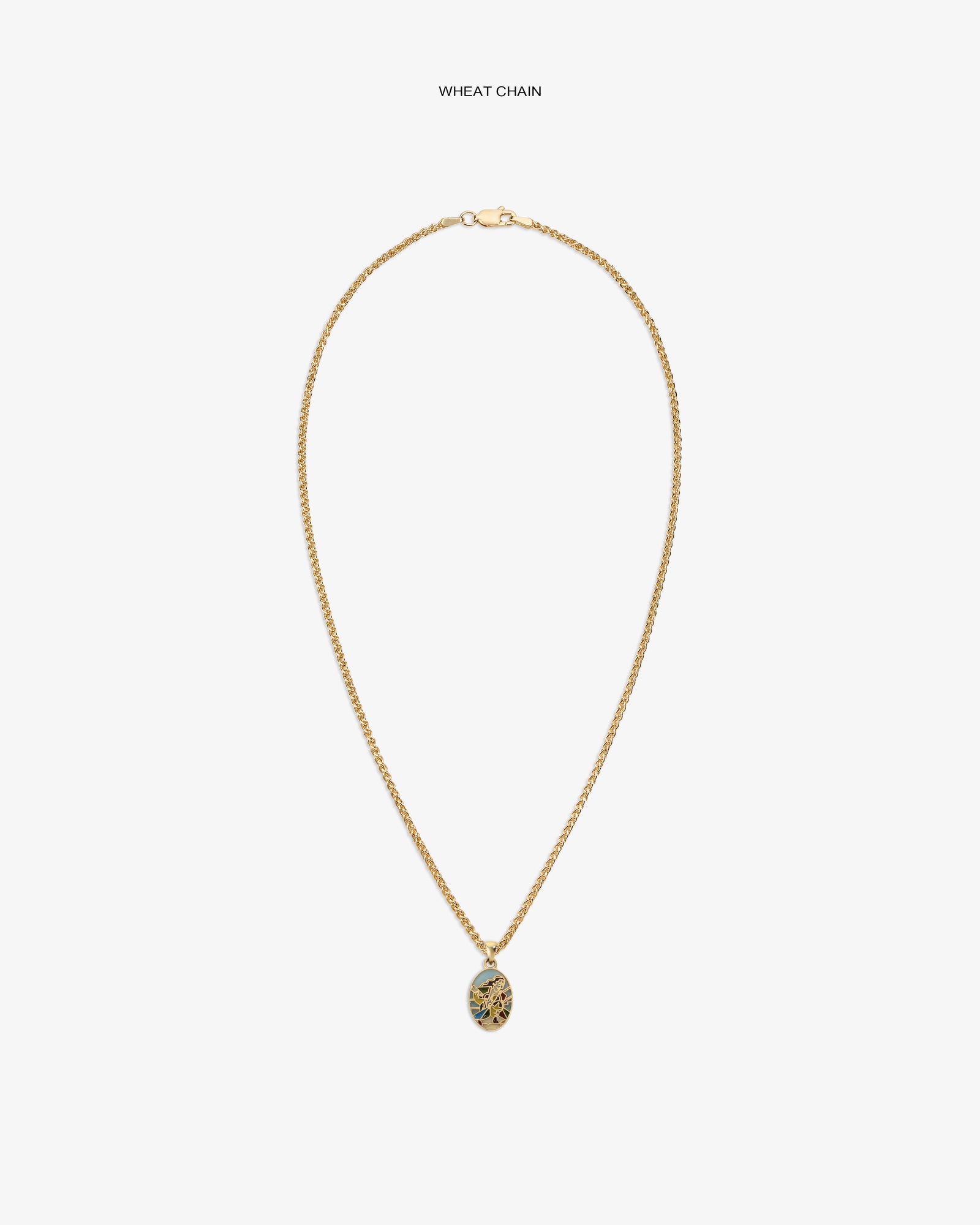 14Kt Gold Molina Pendant on a wheat chain, featuring an oval floral design, displayed on a white background.