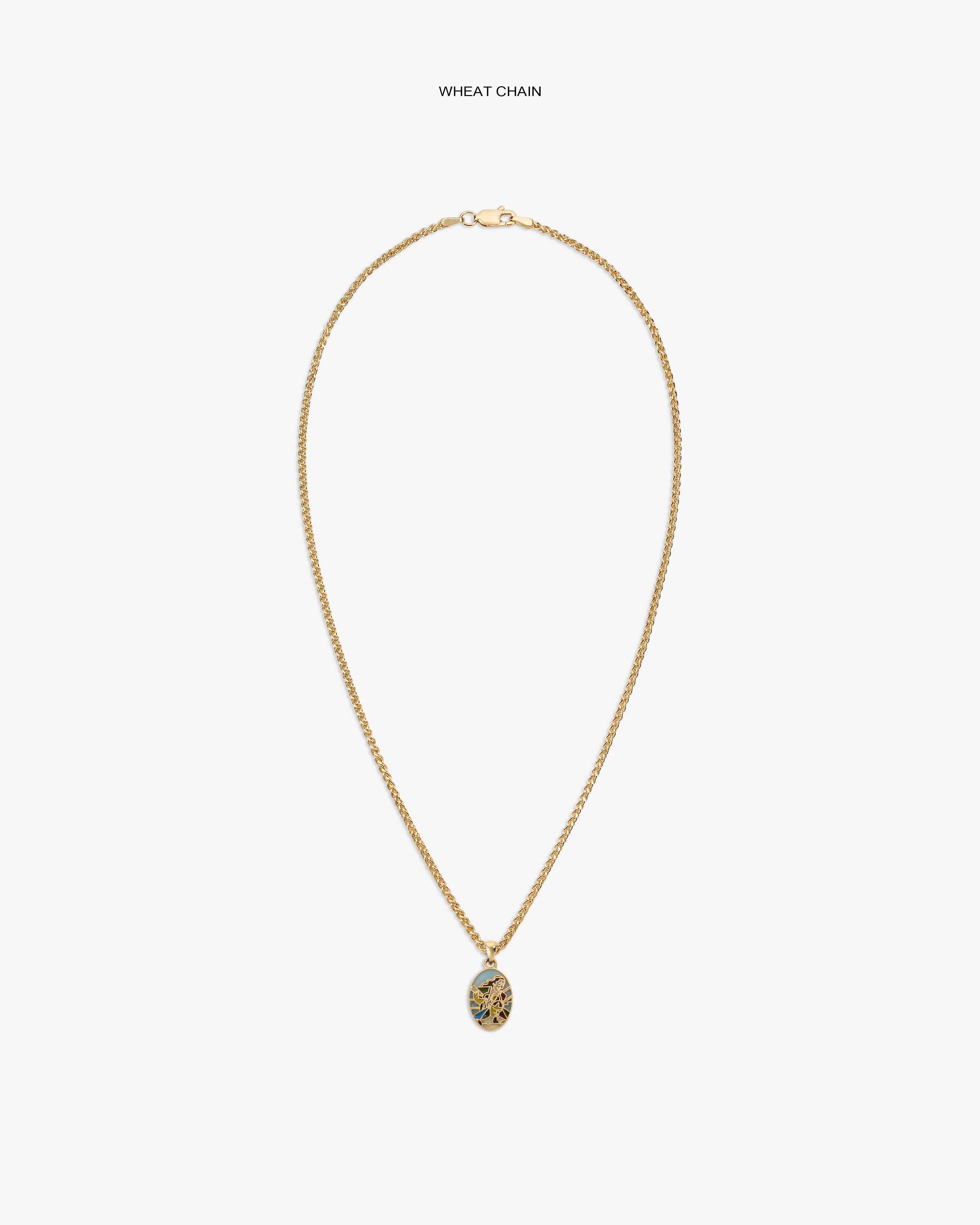 14Kt Gold Molina Pendant on a wheat chain, featuring an oval floral design, displayed on a white background.