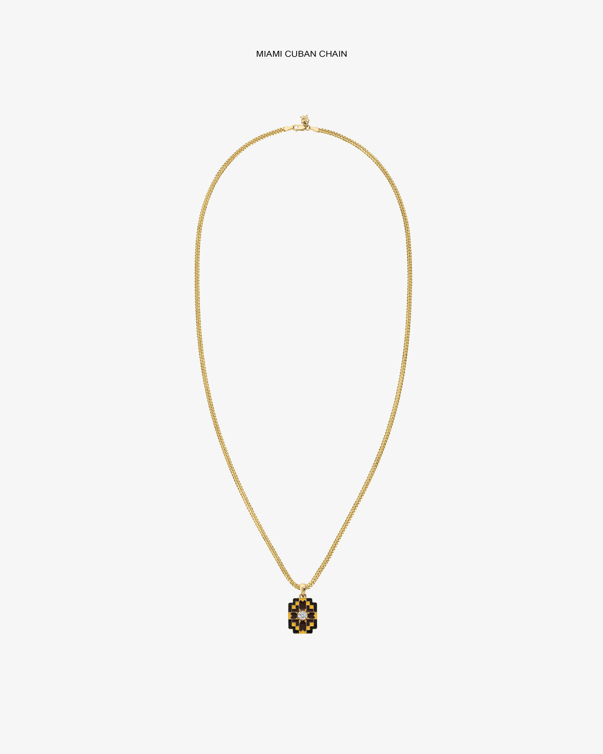 Diamond Mosaic Pendant necklace with gold Miami Cuban chain, shown on a plain white background.