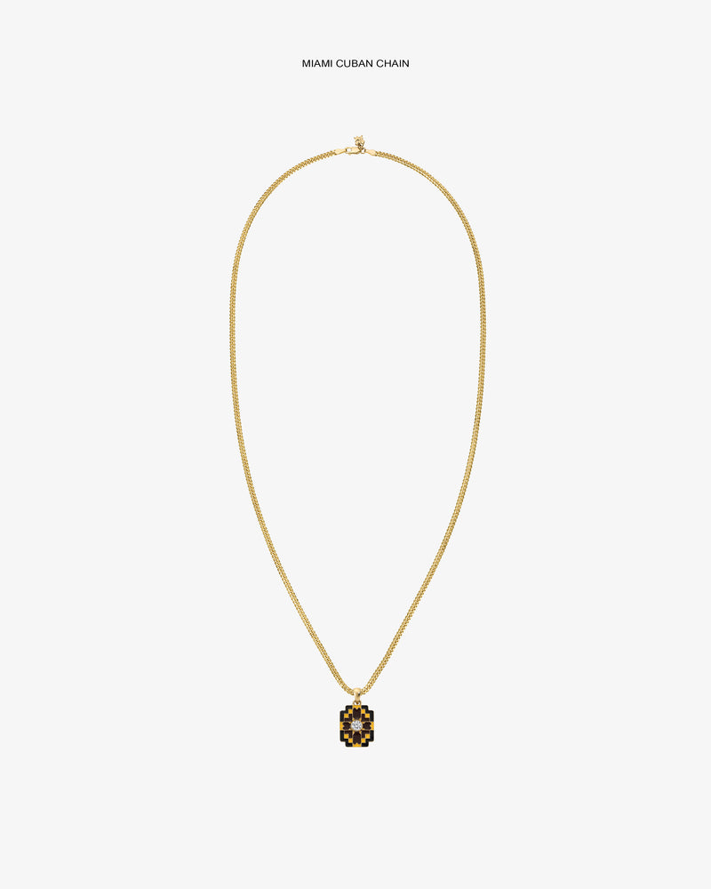 Diamond Mosaic Pendant necklace with gold Miami Cuban chain, shown on a plain white background.