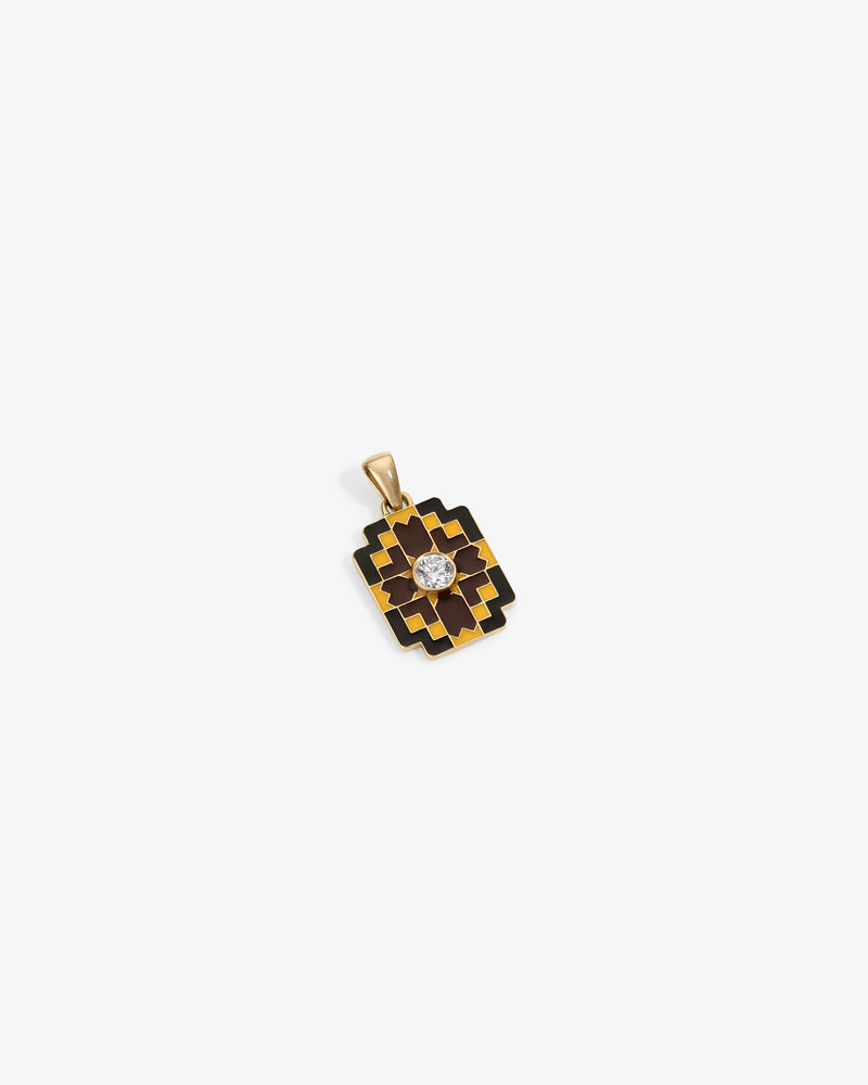 Diamond Mosaic Pendant in gold and black with a central clear gemstone, shown on a plain white background.