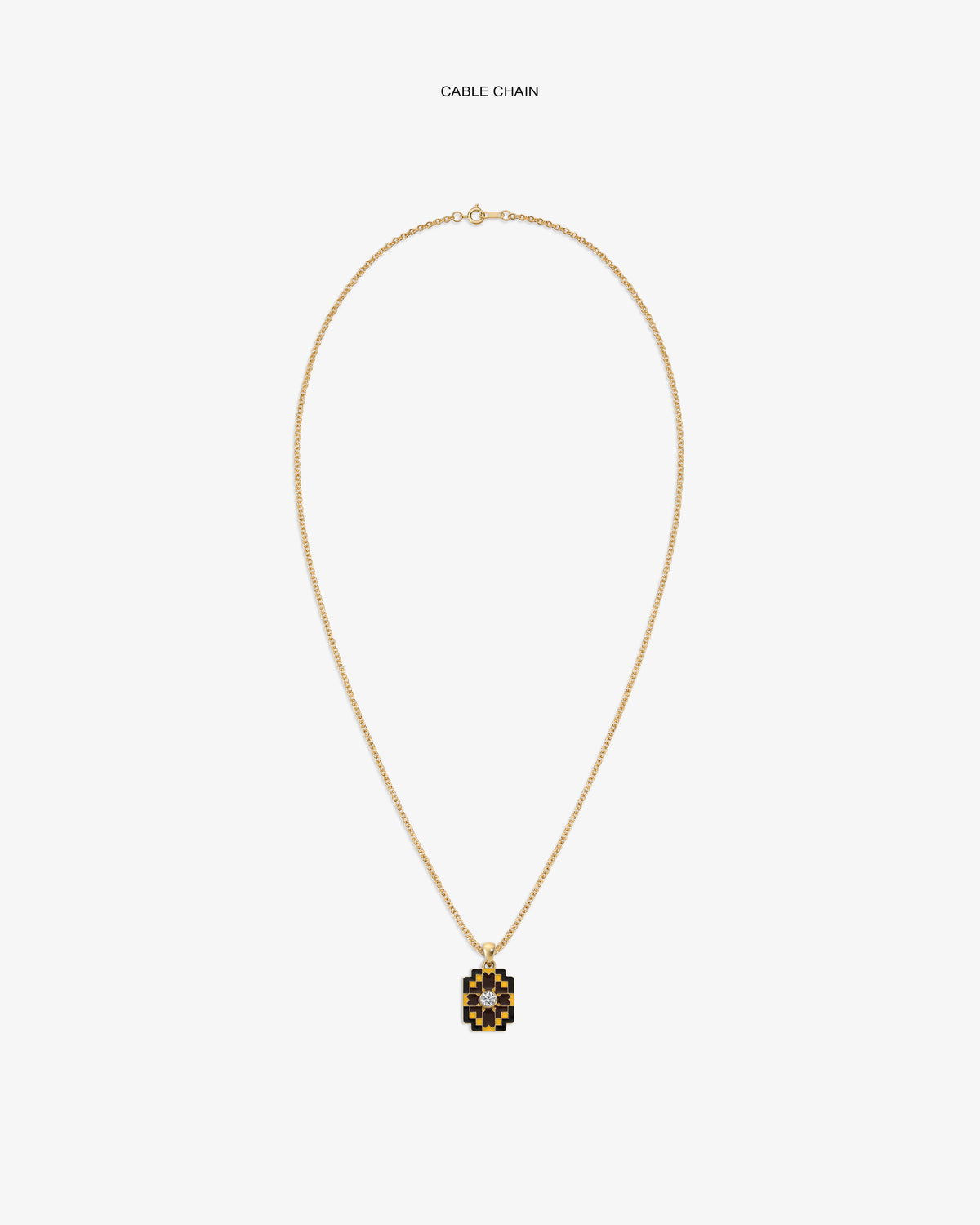 Diamond Mosaic Pendant: gold cable chain necklace with a geometric, multicolored pendant on white background.
