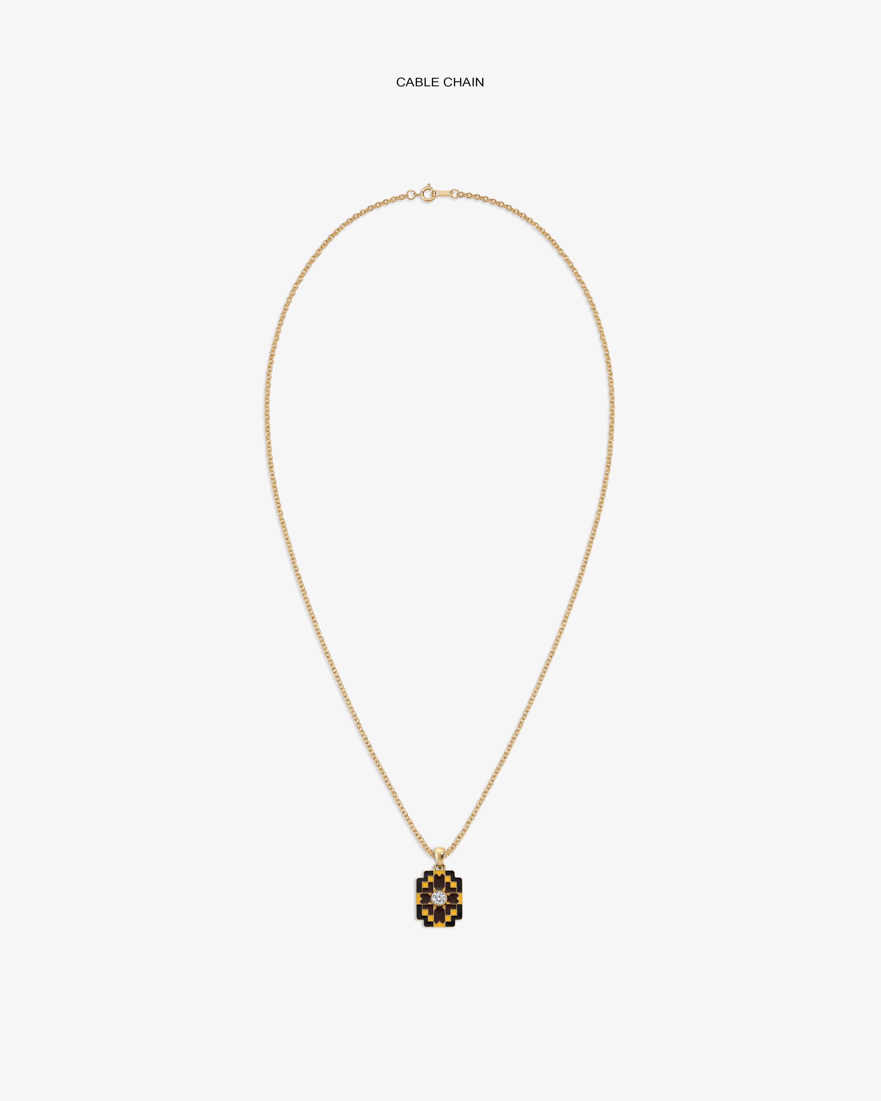 Diamond Mosaic Pendant: gold cable chain necklace with a geometric, multicolored pendant on white background.