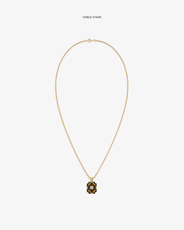 Diamond Mosaic Pendant: gold cable chain necklace with a geometric, multicolored pendant on white background.