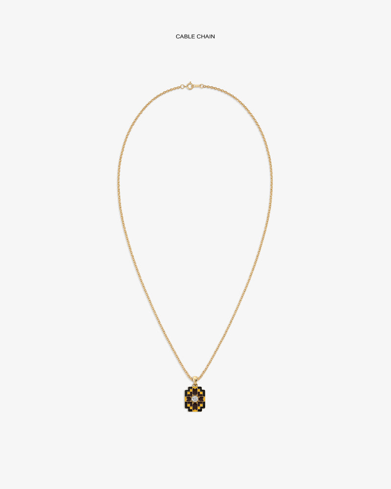 Diamond Mosaic Pendant: gold cable chain necklace with a geometric, multicolored pendant on white background.
