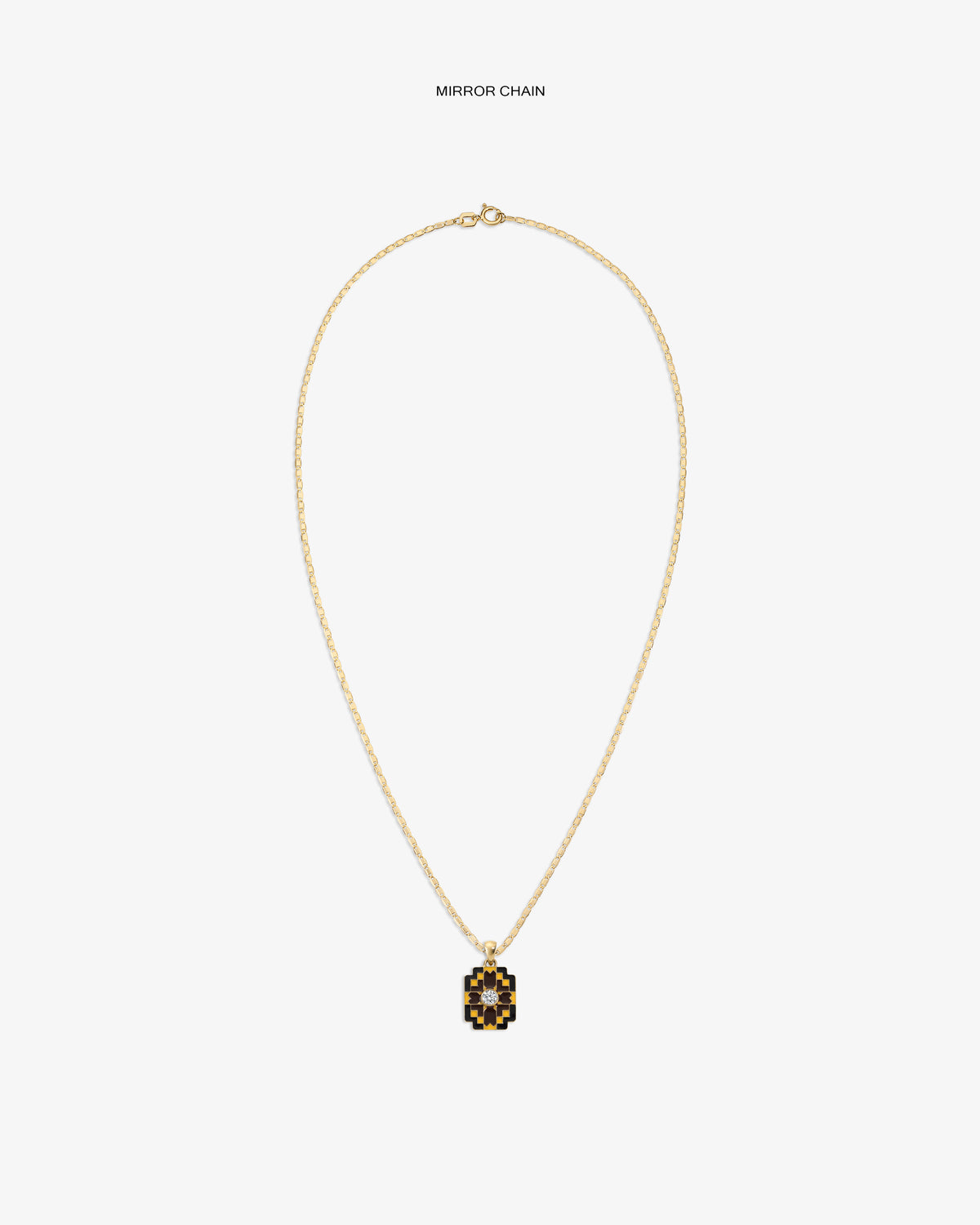 Diamond Mosaic Pendant: Gold chain with a rectangular black & gold geometric pendant on white background.