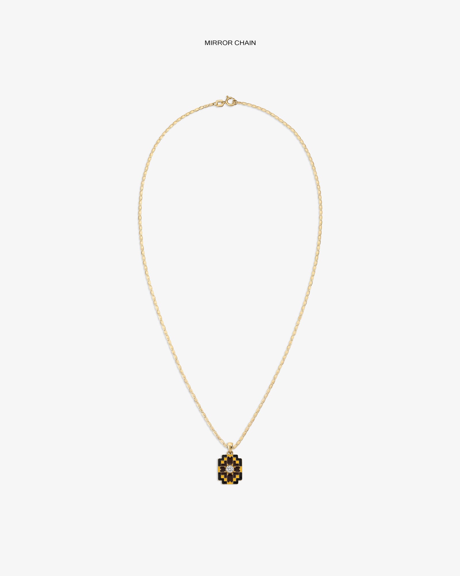 Diamond Mosaic Pendant: Gold chain with a rectangular black & gold geometric pendant on white background.