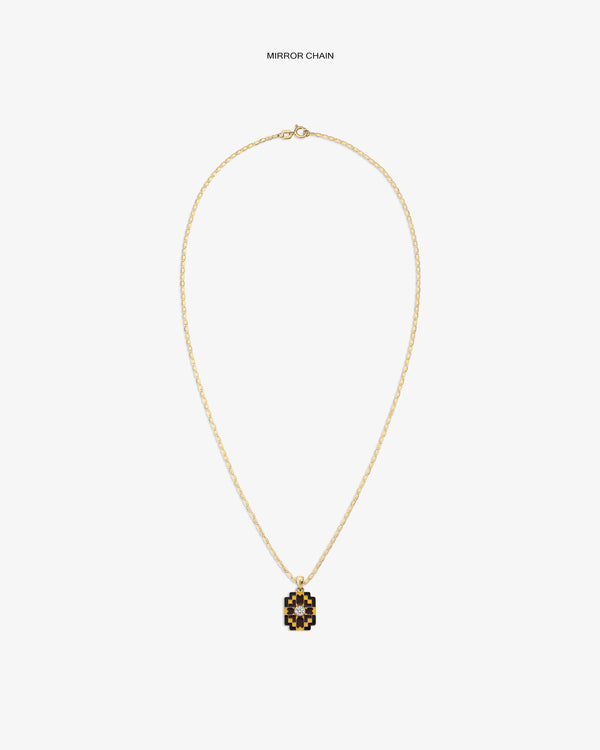 Diamond Mosaic Pendant: Gold chain with a rectangular black & gold geometric pendant on white background.