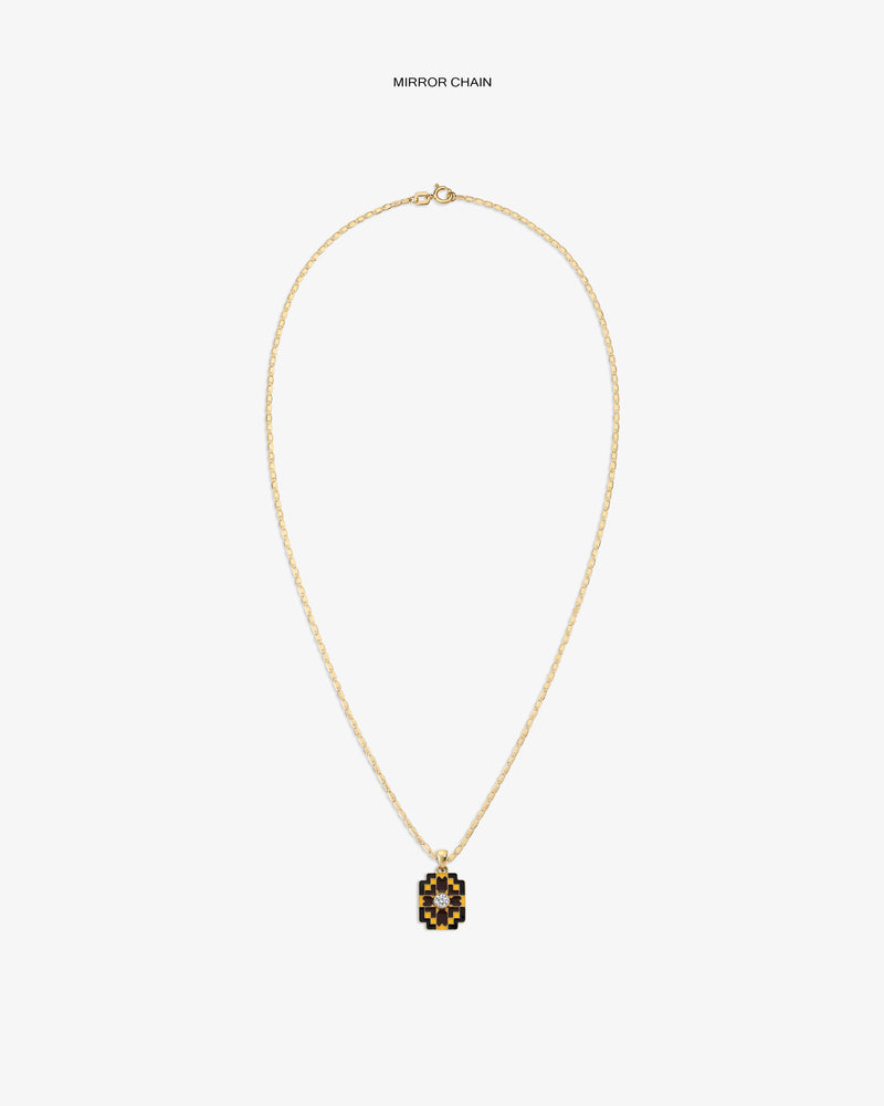 Diamond Mosaic Pendant: Gold chain with a rectangular black & gold geometric pendant on white background.