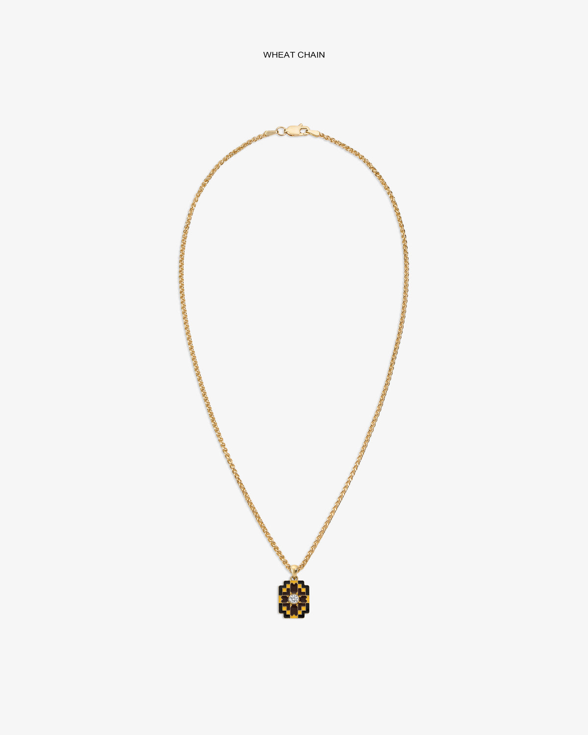 Diamond Mosaic Pendant on a gold wheat chain, featuring black and gold details, displayed on a plain white background.