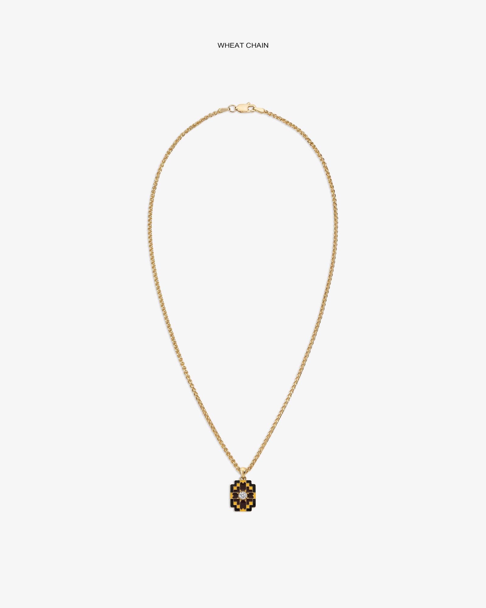 Diamond Mosaic Pendant on a gold wheat chain, featuring black and gold details, displayed on a plain white background.