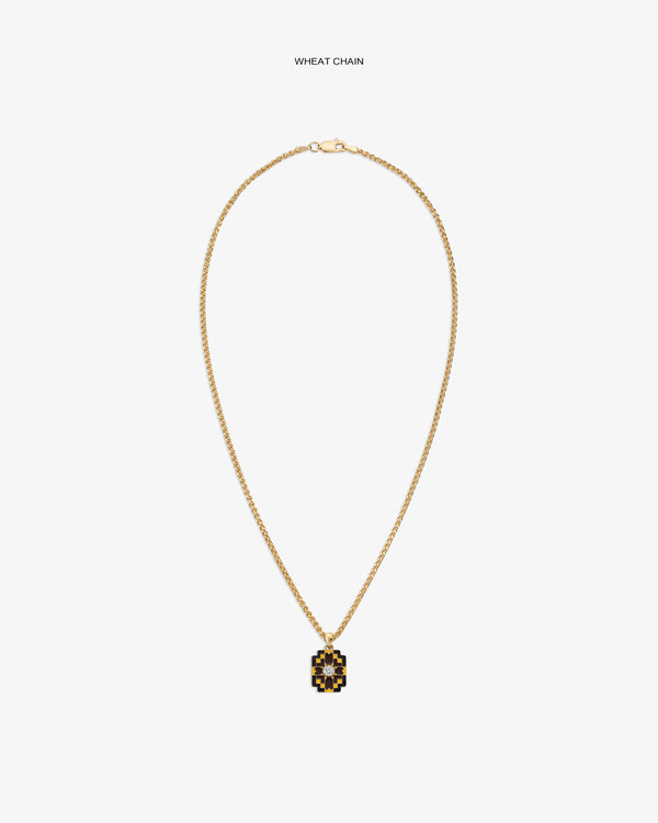 Diamond Mosaic Pendant on a gold wheat chain, featuring black and gold details, displayed on a plain white background.