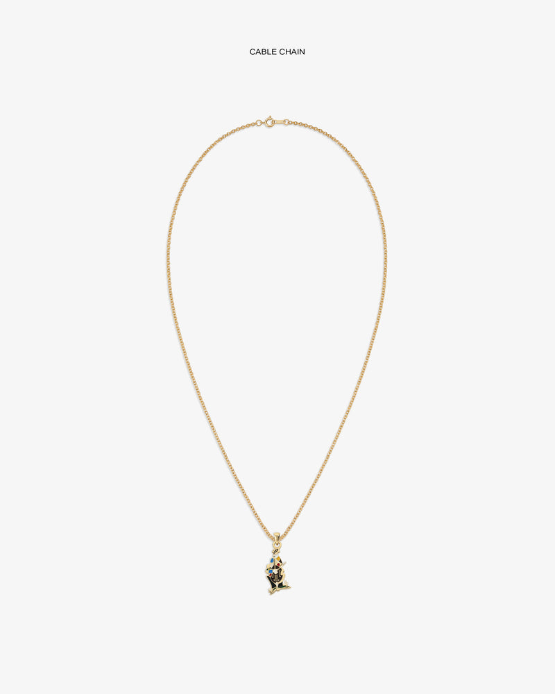 14Kt Gold Musician Pendant on a slim cable chain, centered on a plain white background.
