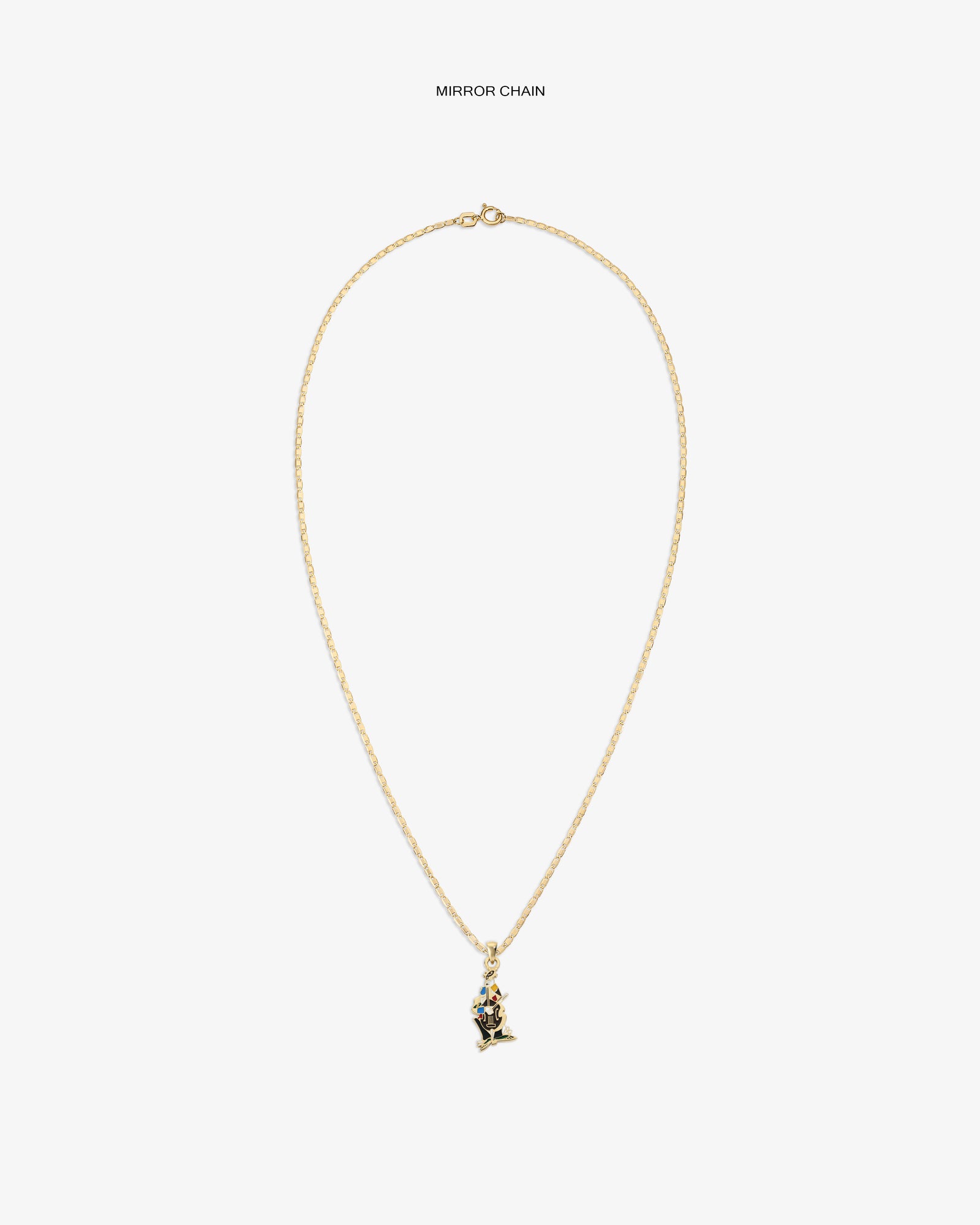 14Kt Gold Musician Pendant necklace with a dainty chain, shown on a white background.