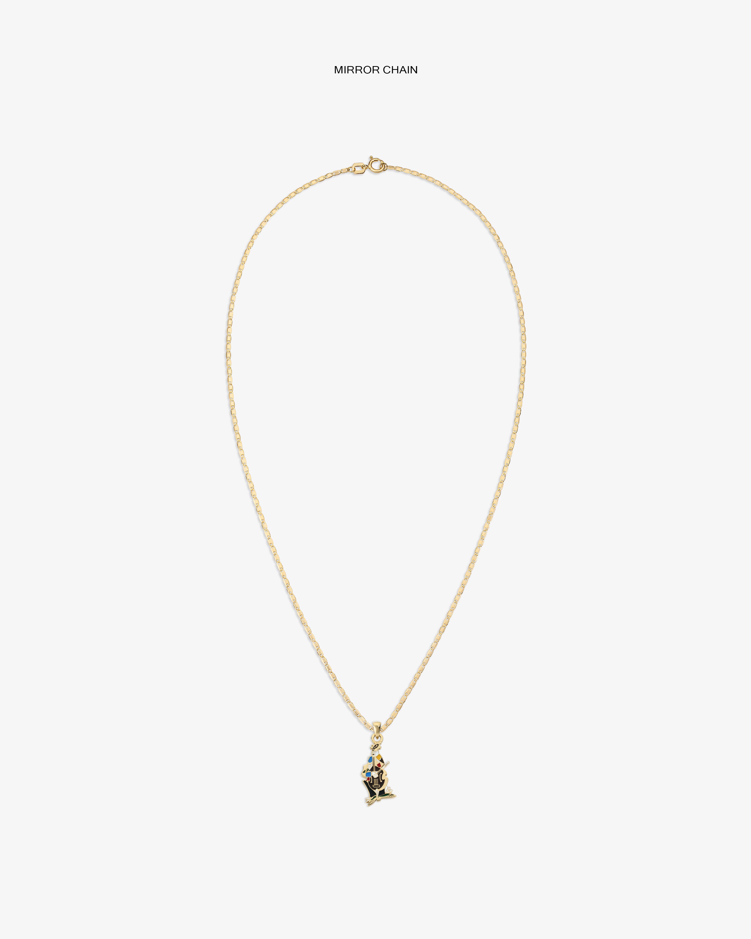 14Kt Gold Musician Pendant necklace with a dainty chain, shown on a white background.